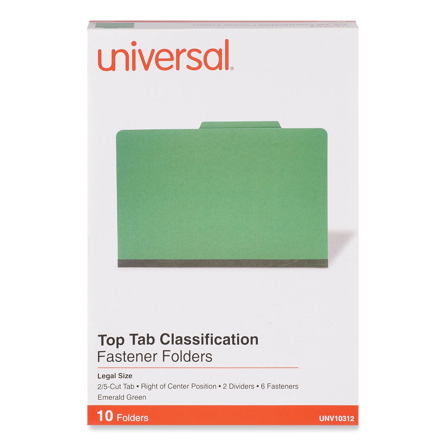 Universal® Bright Colored Pressboard Classification Folders, 2" Expansion, 2 Dividers, 6 Fasteners, Legal Size, Emerald Green, 10/Box
