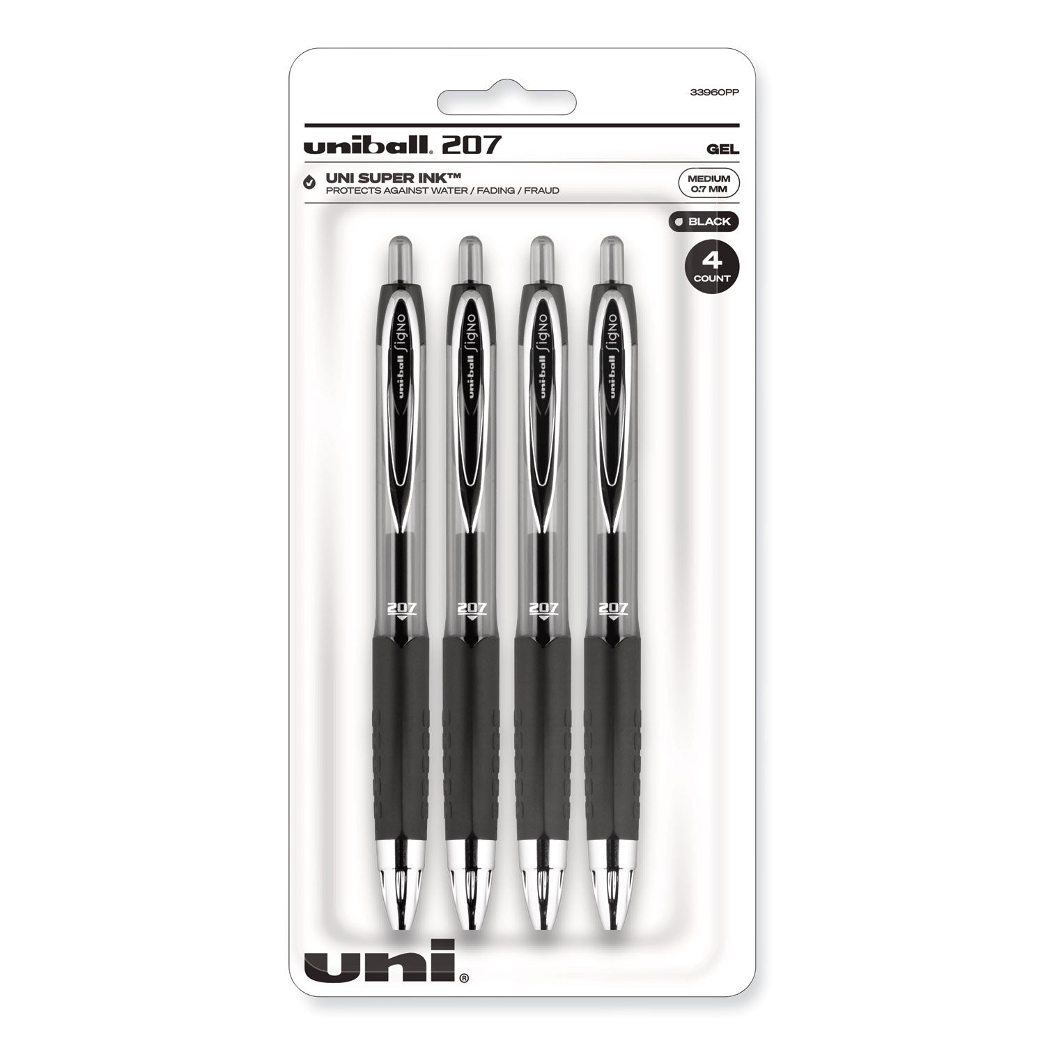 uniball® Signo 207 Gel Pen, Retractable, Medium 0.7 mm, Black Ink, Smoke/Black Barrel, 4/Pack