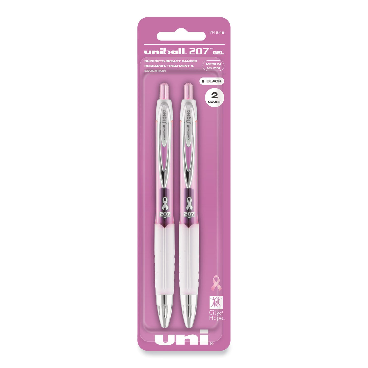 uniball® Signo 207 Breast Cancer Awareness Gel Pen, Retractable, Medium 0.7 mm, Black Ink, Translucent Pink/White Barrel, 2/Pack
