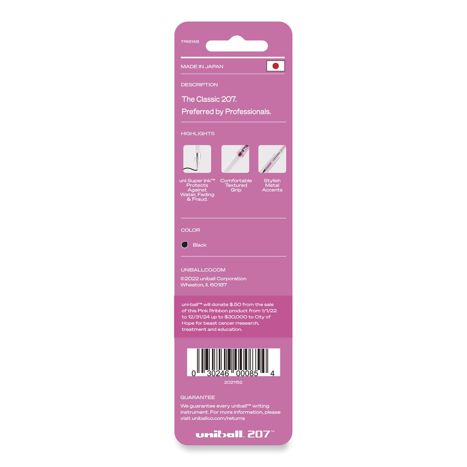 uniball® Signo 207 Breast Cancer Awareness Gel Pen, Retractable, Medium 0.7 mm, Black Ink, Translucent Pink/White Barrel, 2/Pack