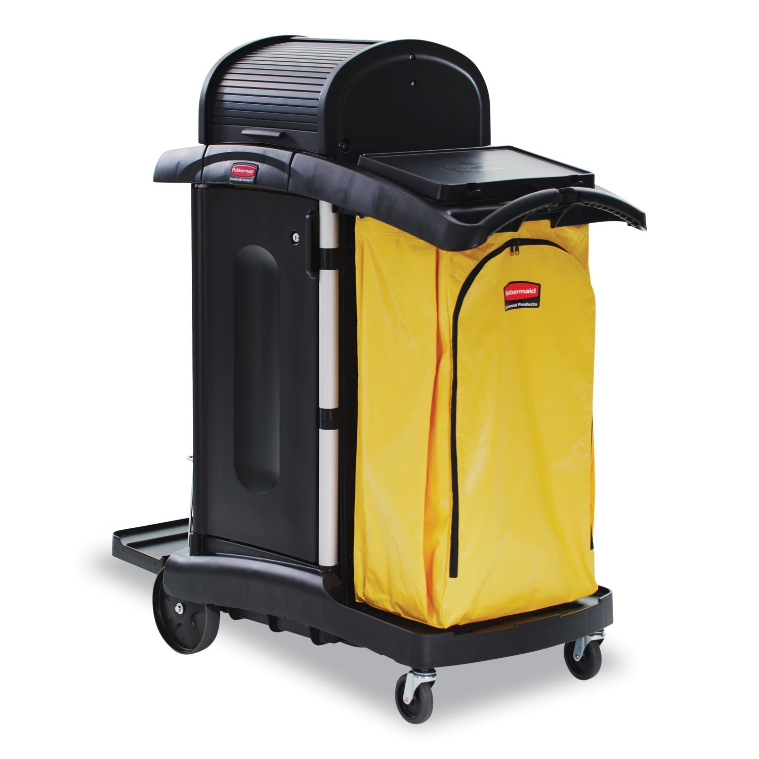 Rubbermaid® Commercial High-Security Healthcare Cleaning Cart, Metal, 4 Shelves, 1 Bin, 22" x 48.25" x 53.5", Black