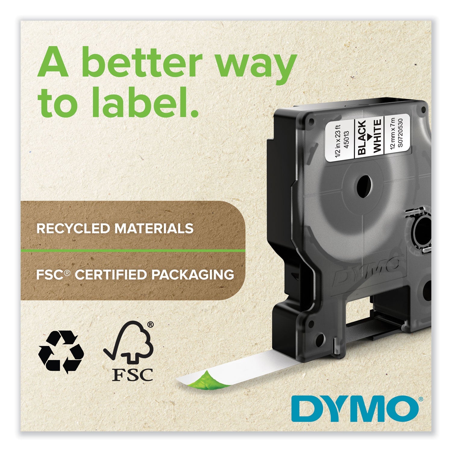 DYMO® D1 High-Performance Polyester Removable Label Tape, 0.5" X 23 Ft, Black On White