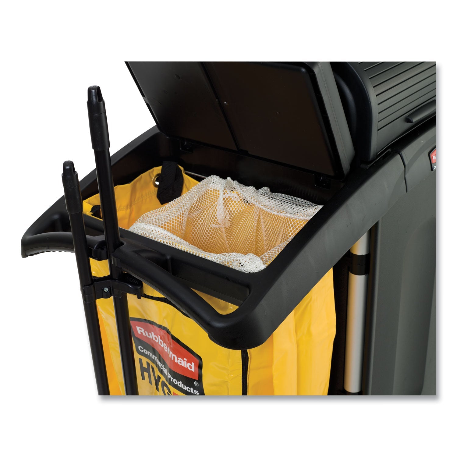 Rubbermaid® Commercial High-Security Healthcare Cleaning Cart, Metal, 4 Shelves, 1 Bin, 22" x 48.25" x 53.5", Black