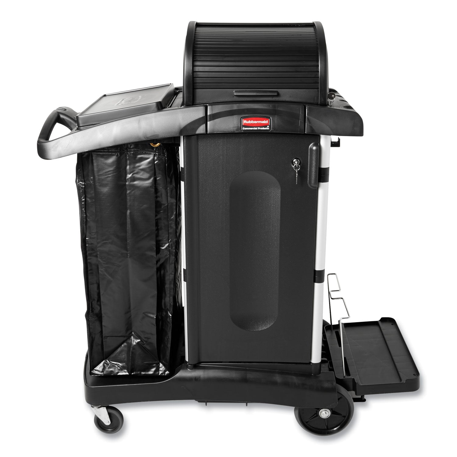 Rubbermaid® Commercial Executive High Security Janitorial Cleaning Cart, Plastic, 4 Shelves, 1 Bin, 23.1" x 39.6" x 27.5", Black