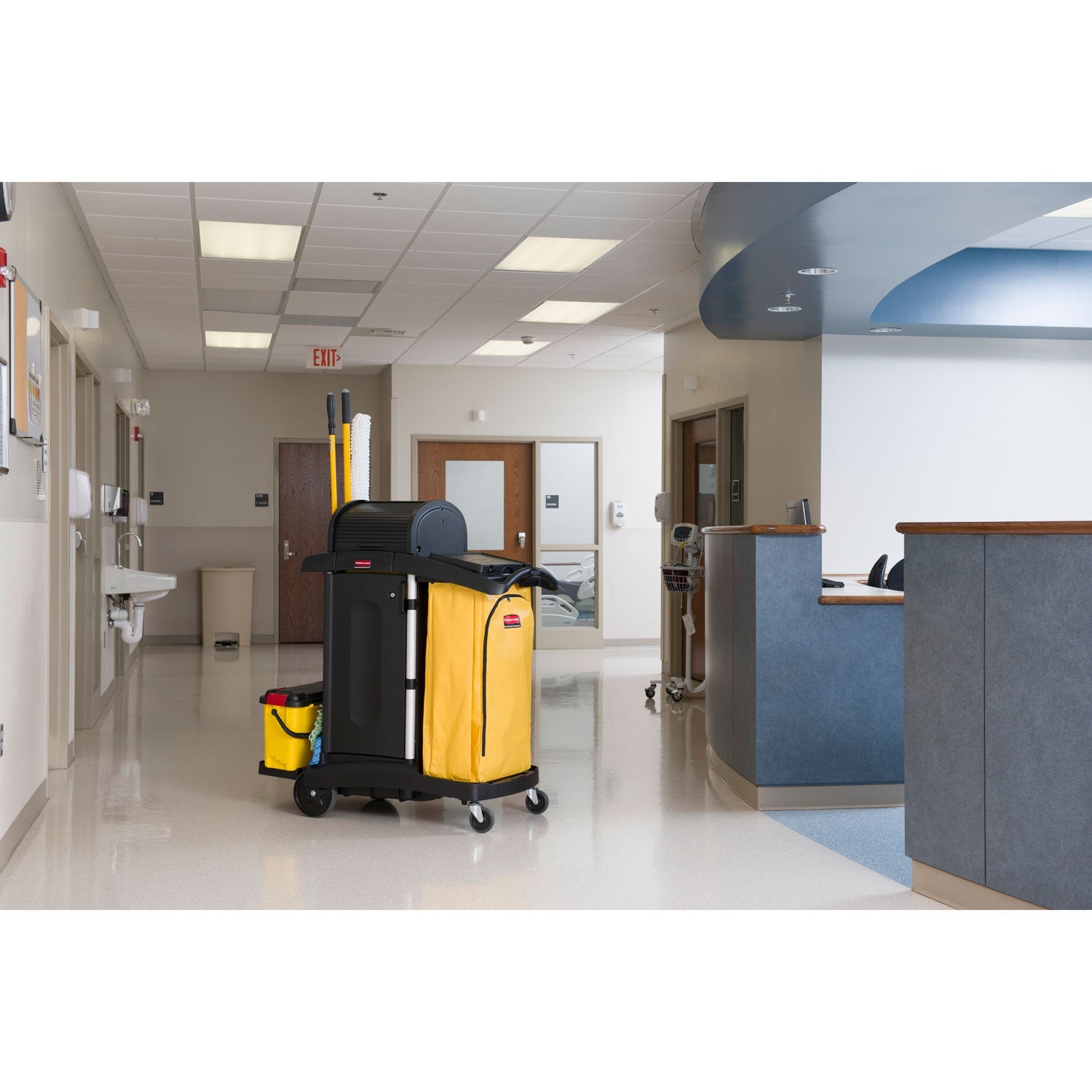 Rubbermaid® Commercial High-Security Healthcare Cleaning Cart, Metal, 4 Shelves, 1 Bin, 22" x 48.25" x 53.5", Black