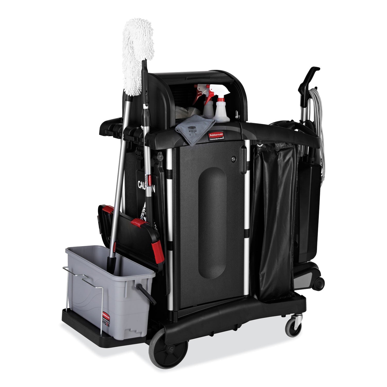 Rubbermaid® Commercial Executive High Security Janitorial Cleaning Cart, Plastic, 4 Shelves, 1 Bin, 23.1" x 39.6" x 27.5", Black