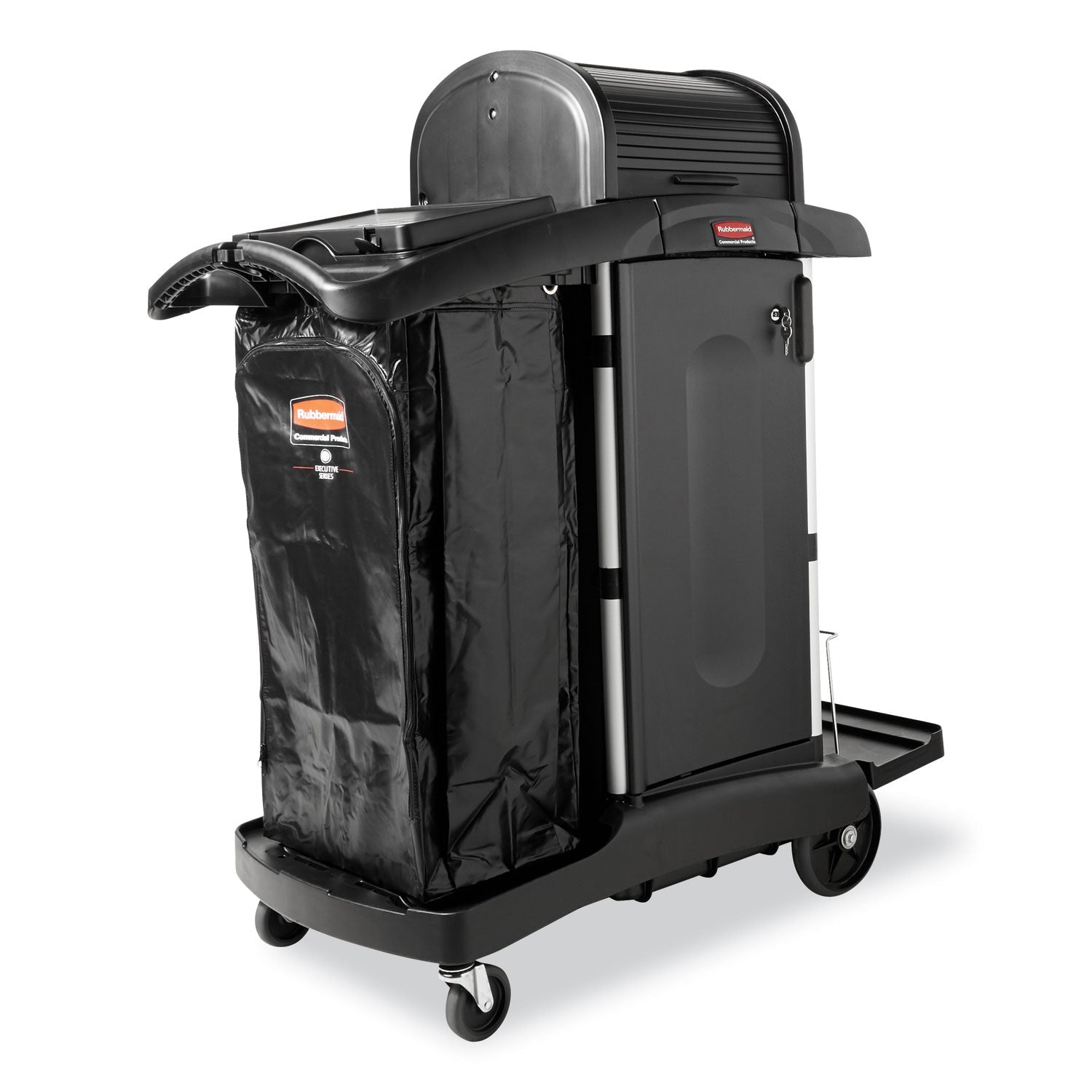 Rubbermaid® Commercial Executive High Security Janitorial Cleaning Cart, Plastic, 4 Shelves, 1 Bin, 23.1" x 39.6" x 27.5", Black