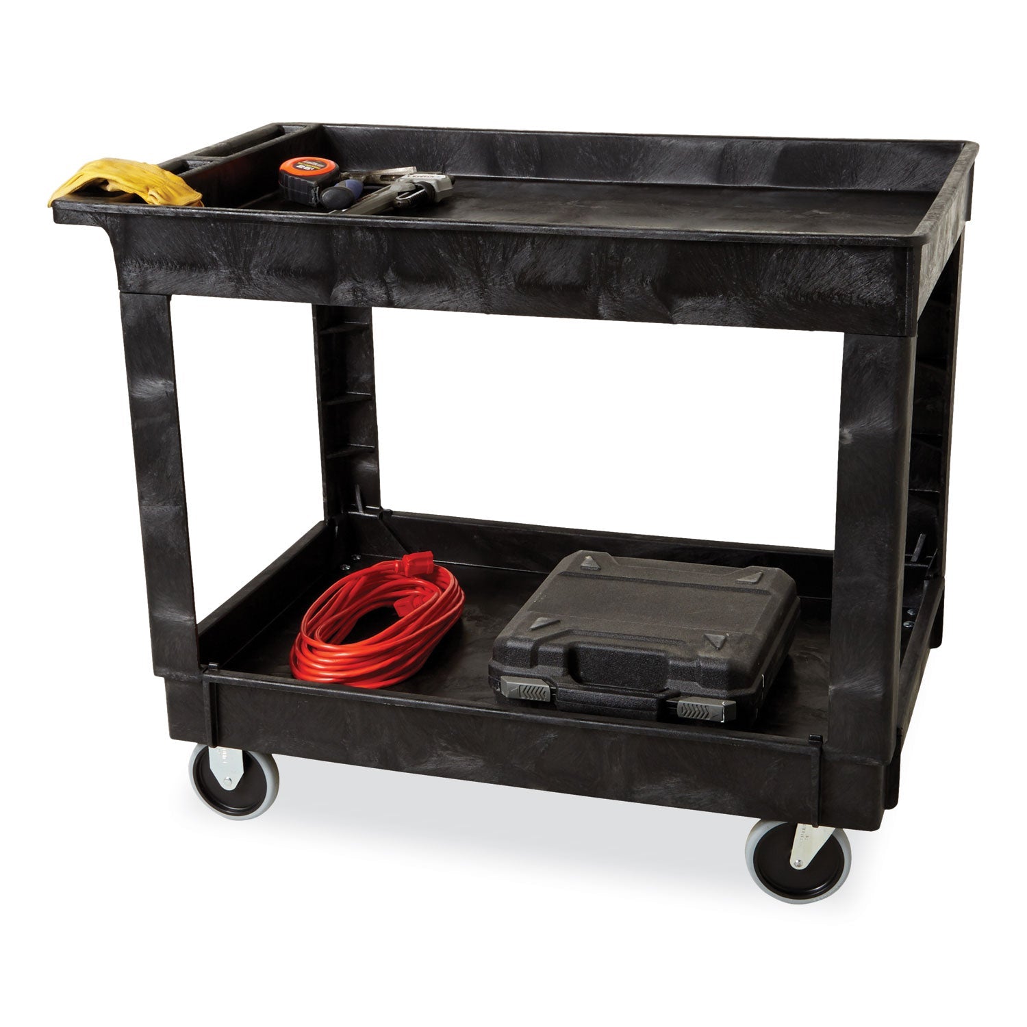 Rubbermaid® Commercial Heavy-Duty Flat-Handle Maintenance/Utility Cart, Plastic, 2 Shelves, 500 lb Capacity, 24" x 40" x 31.25", Black