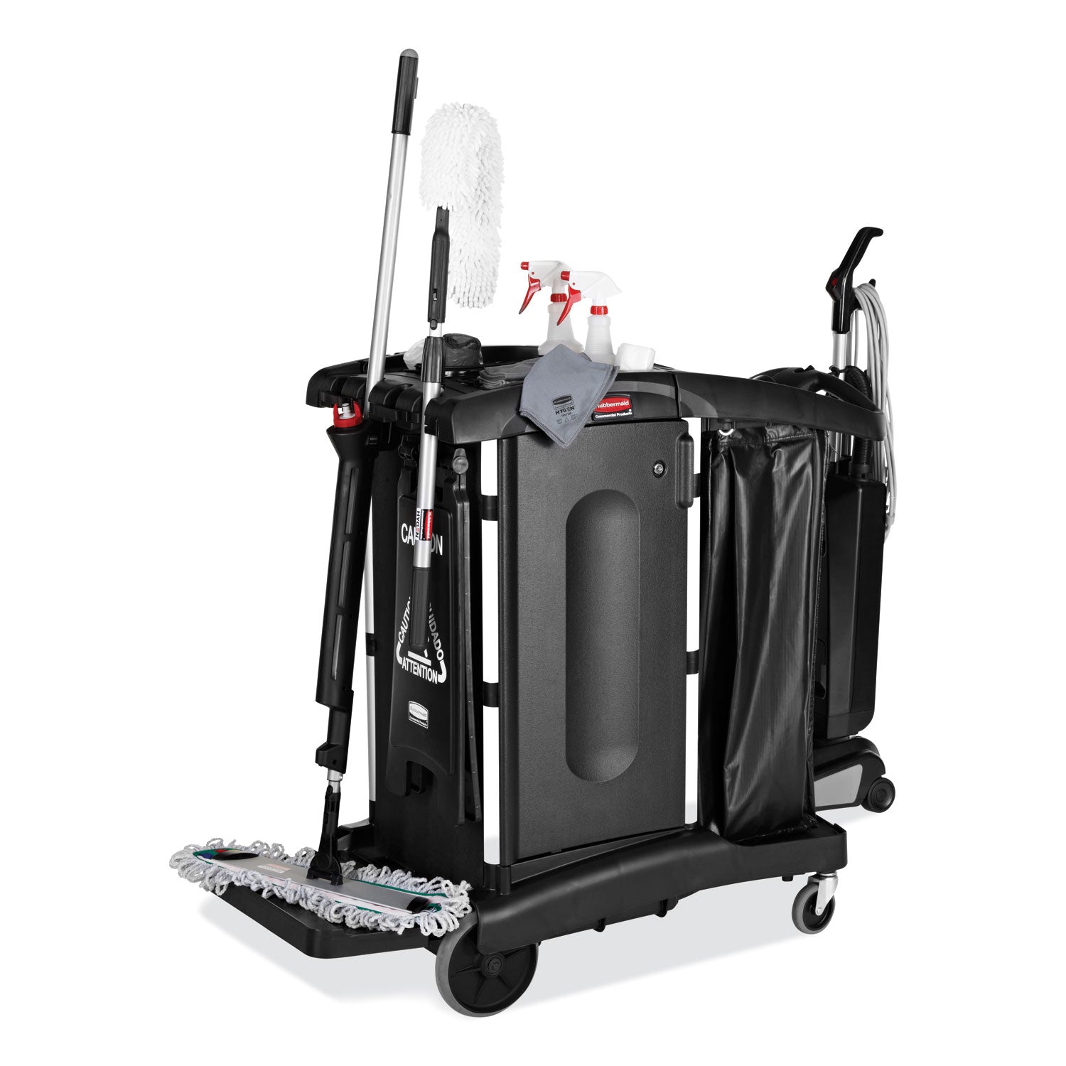 Rubbermaid® Commercial Executive High Security Janitorial Cleaning Cart, Plastic, 4 Shelves, 1 Bin, 23.1" x 39.6" x 27.5", Black