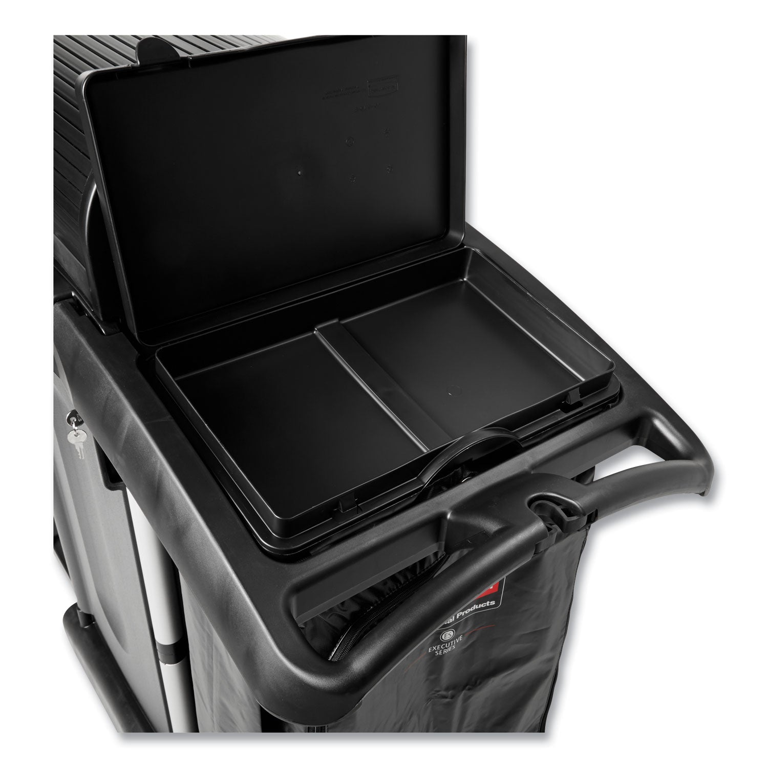 Rubbermaid® Commercial Executive High Security Janitorial Cleaning Cart, Plastic, 4 Shelves, 1 Bin, 23.1" x 39.6" x 27.5", Black