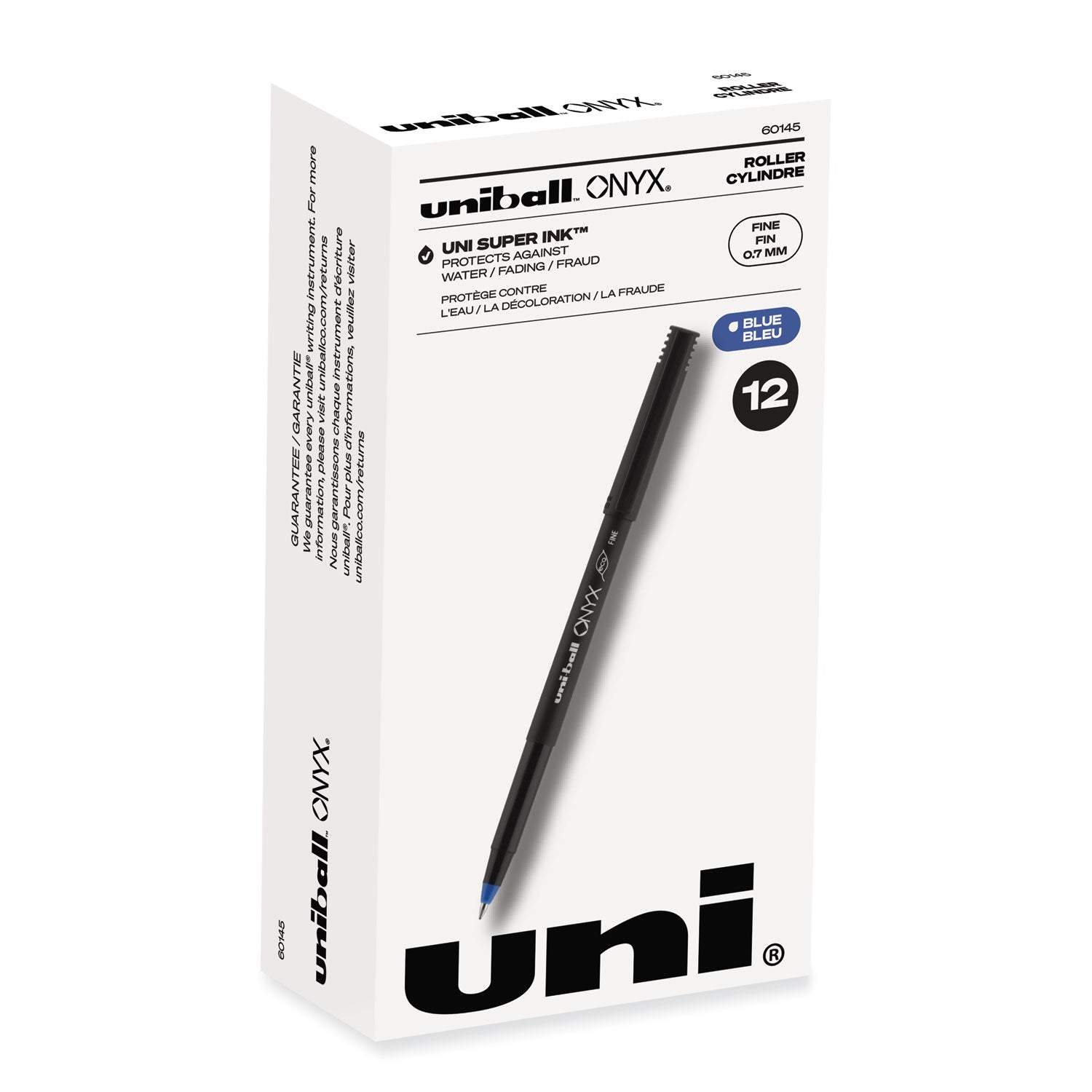 uniball® ONYX Rollerball Pen, Stick, Fine 0.7 mm, Blue Ink, Black/Blue Barrel, Dozen