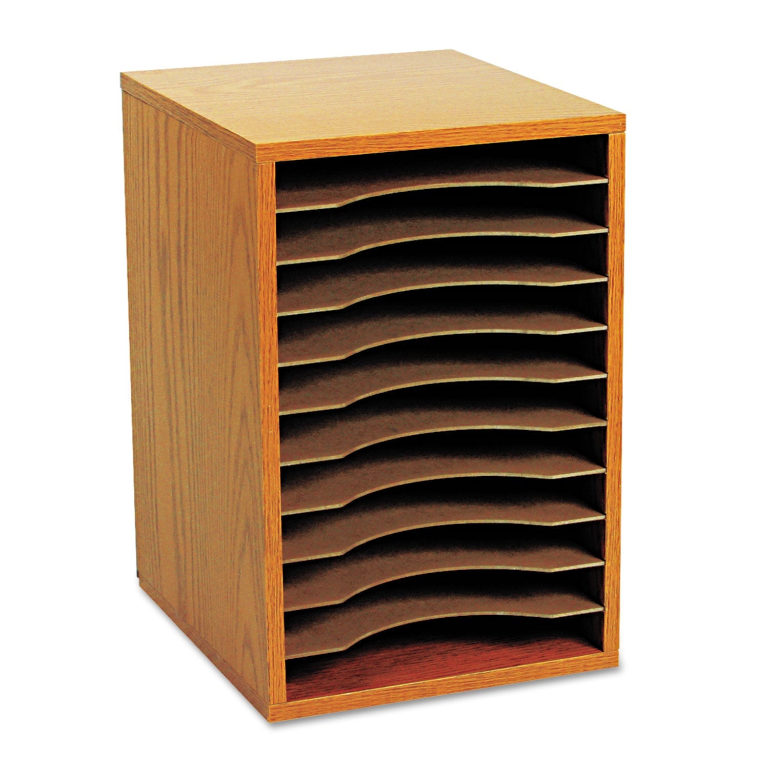 Safco® Wood Vertical Desktop Sorter, 11 Compartments, 10.63 x 11.88 x 16, Medium Oak