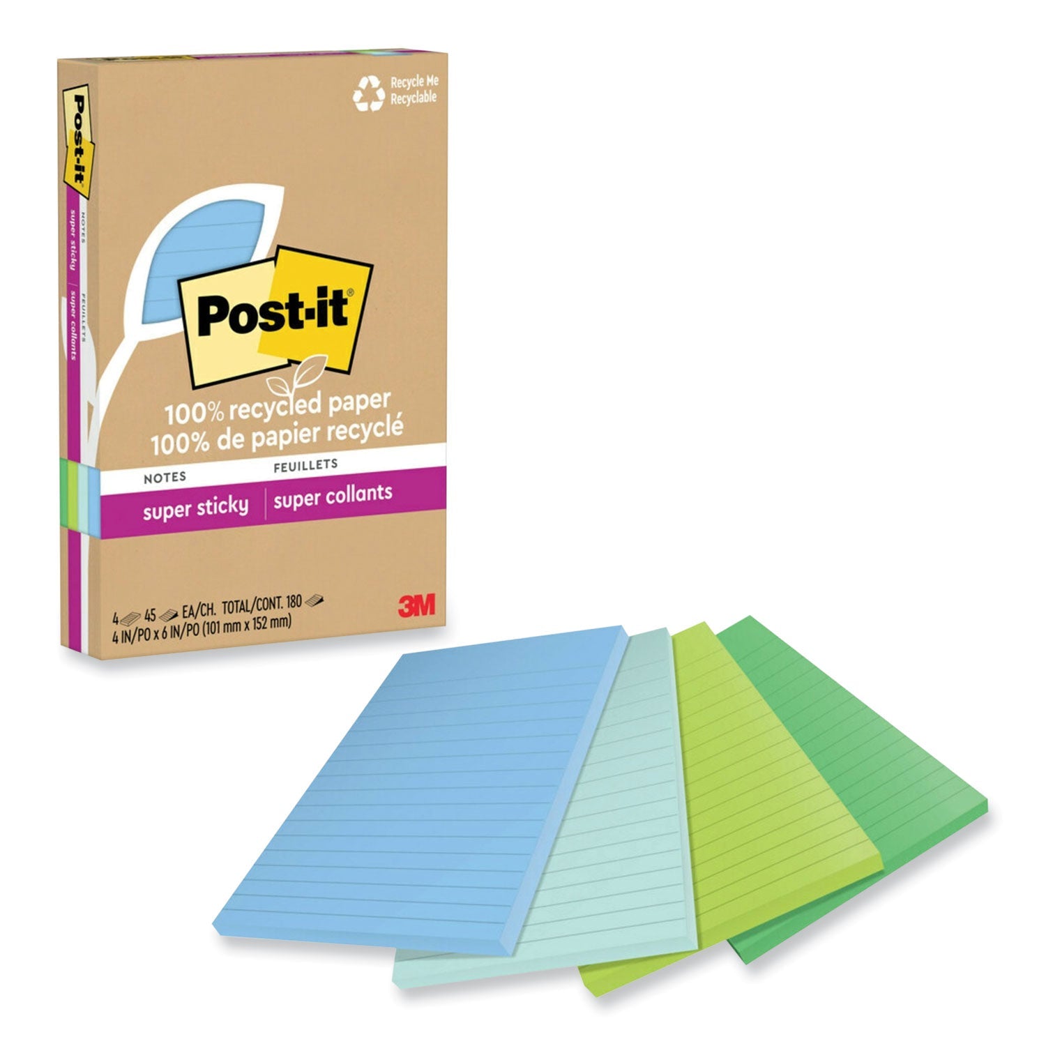 Recycled Super Sticky Notes | Ruled | 4-Pack
