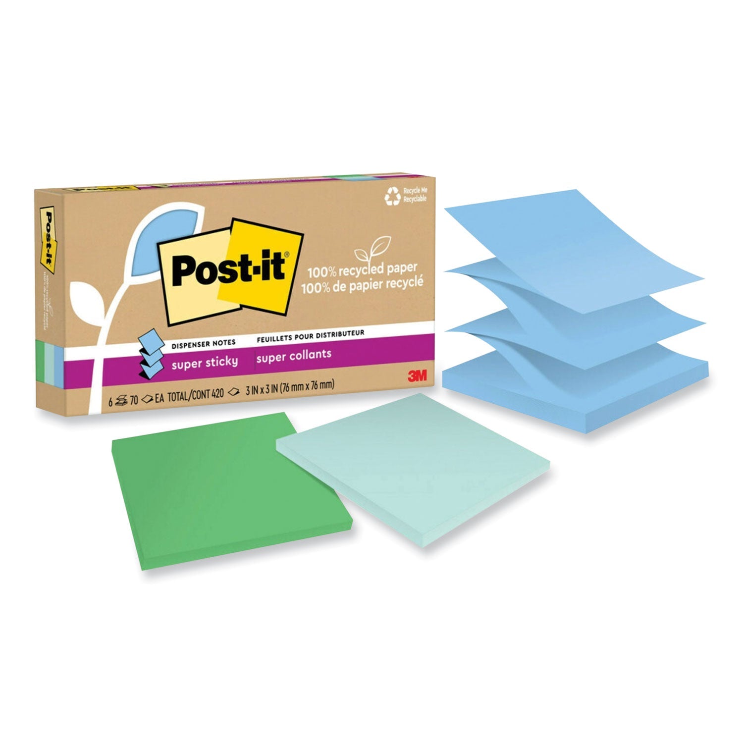 Post-it® Notes Super Sticky 100% Recycled Paper Super Sticky Notes, 3" x 3", Oasis, 70 Sheets/Pad, 6 Pads/Pack