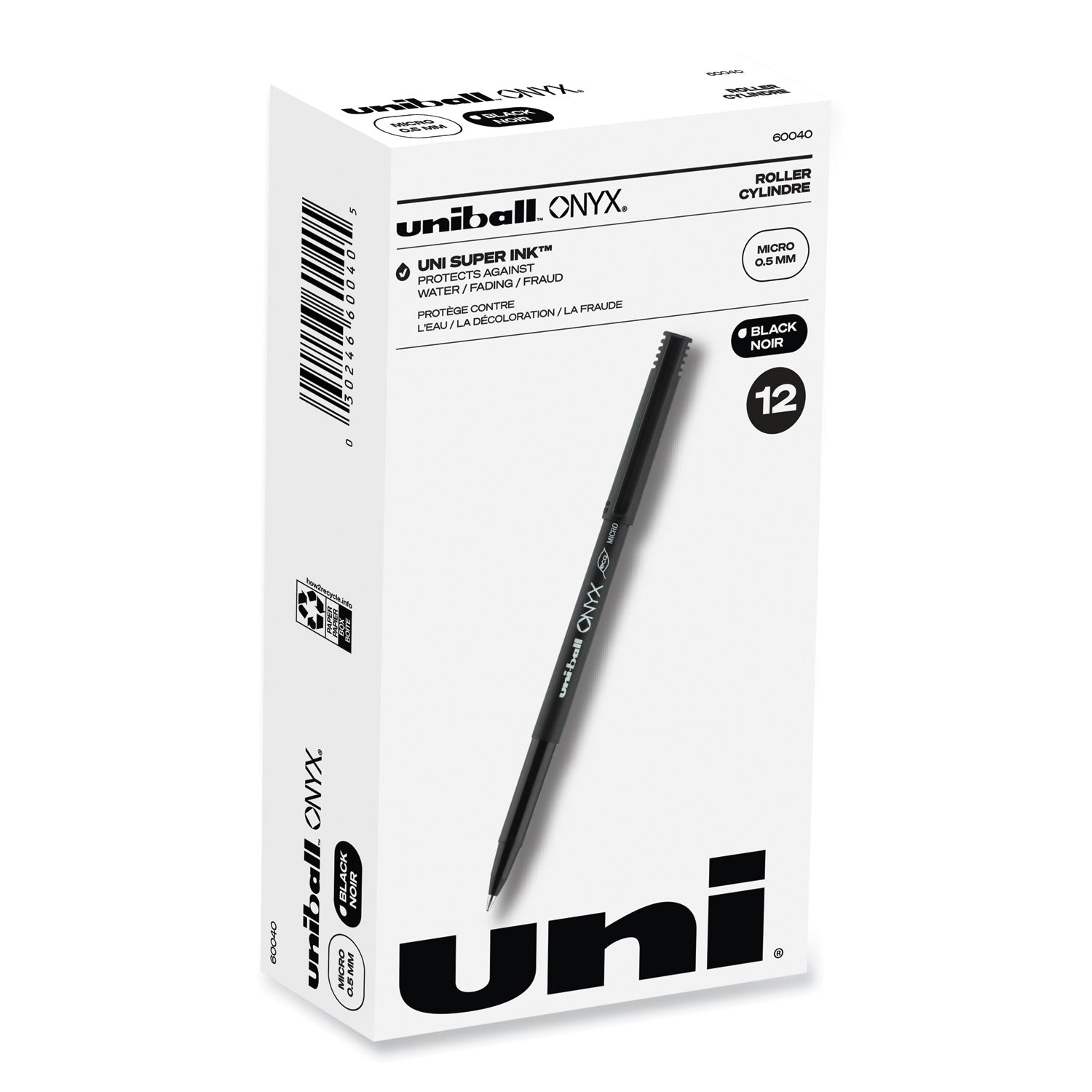 uniball® ONYX Rollerball Pen, Stick, Extra-Fine 0.5 mm, Black Ink, Black Barrel, Dozen