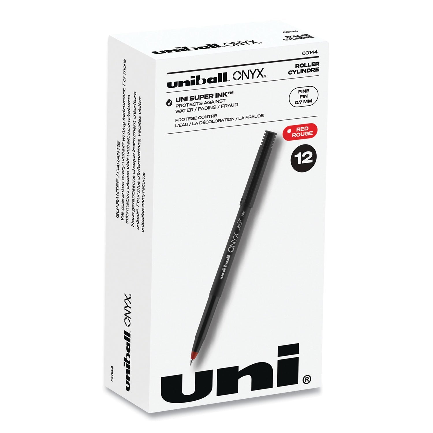 uniball® ONYX Rollerball Pen, Stick, Fine 0.7 mm, Red Ink, Black/Red Barrel, Dozen