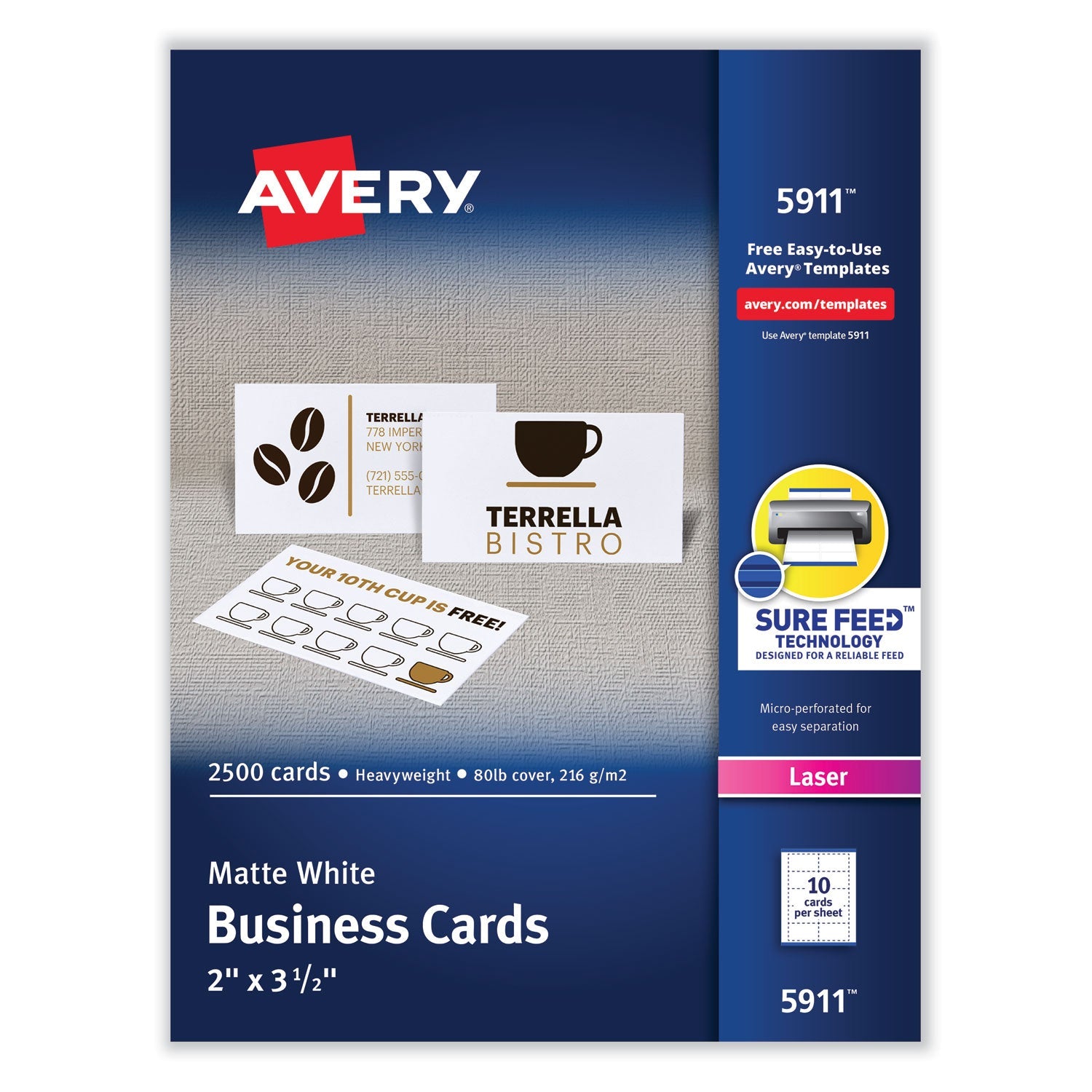Avery® Printable Microperforated Business Cards W/sure Feed Technology, Laser, 2 X 3.5, White, 2,500 Cards, 10/sheet, 250 Sheets/box