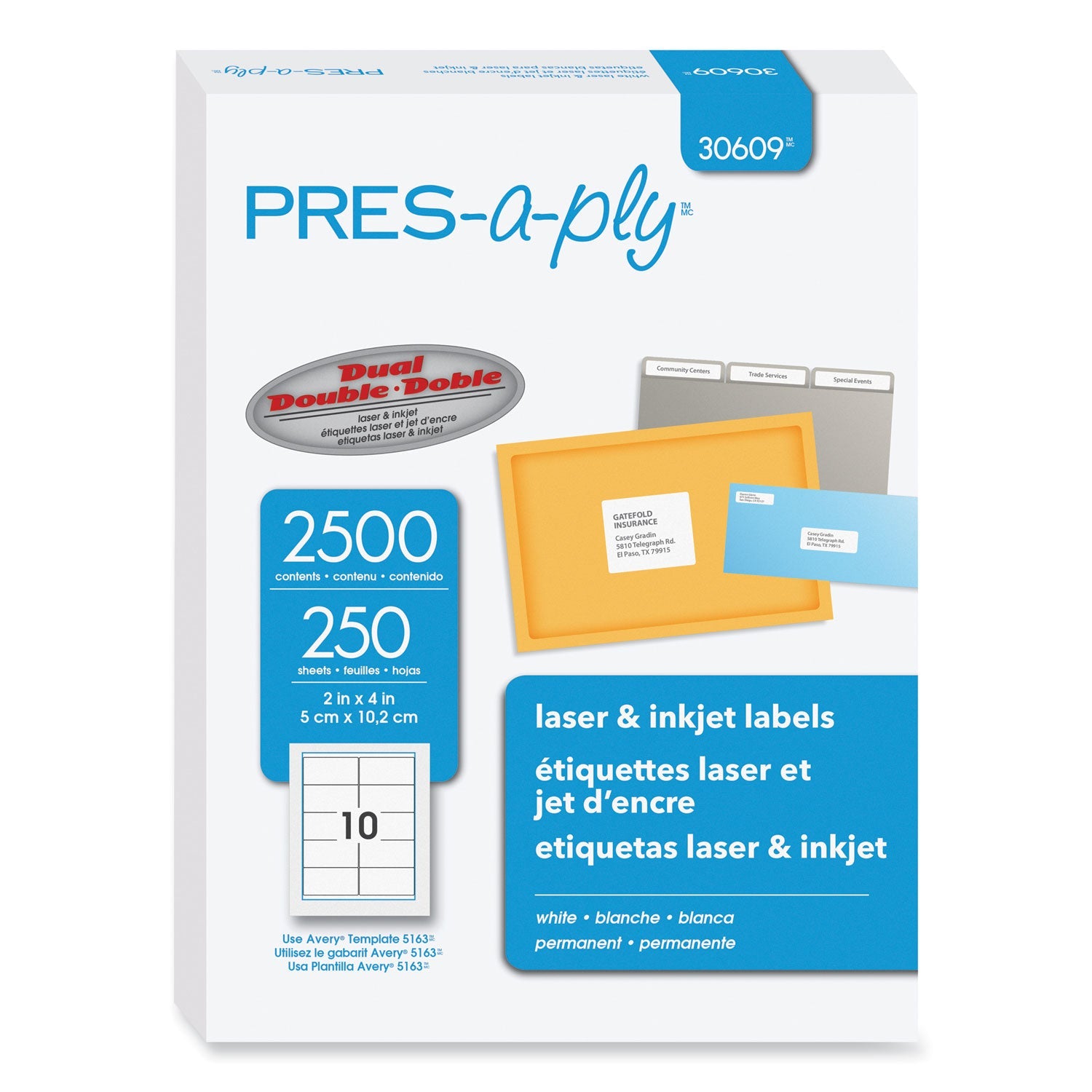 PRES-a-ply® Labels, Laser Printers, 2 X 4, White, 10/sheet, 250 Sheets/box