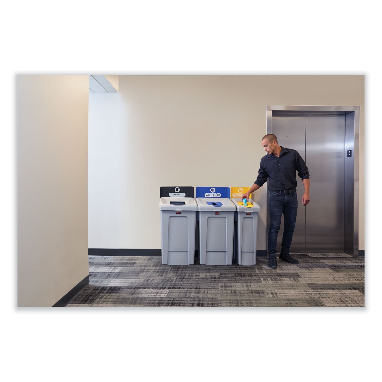 Rubbermaid® Commercial Slim Jim Recycling Station 1-Stream, Mixed Recycling Station, 33 gal, Resin, Gray