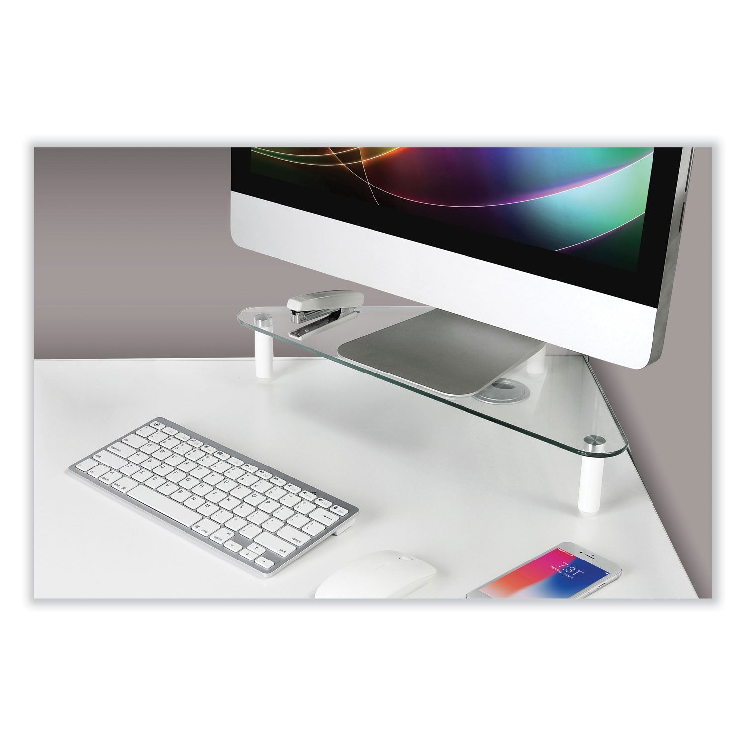Kantek Glass Corner Monitor Riser, 19.7" x 11" x  3.25", Clear, Supports 40 lbs
