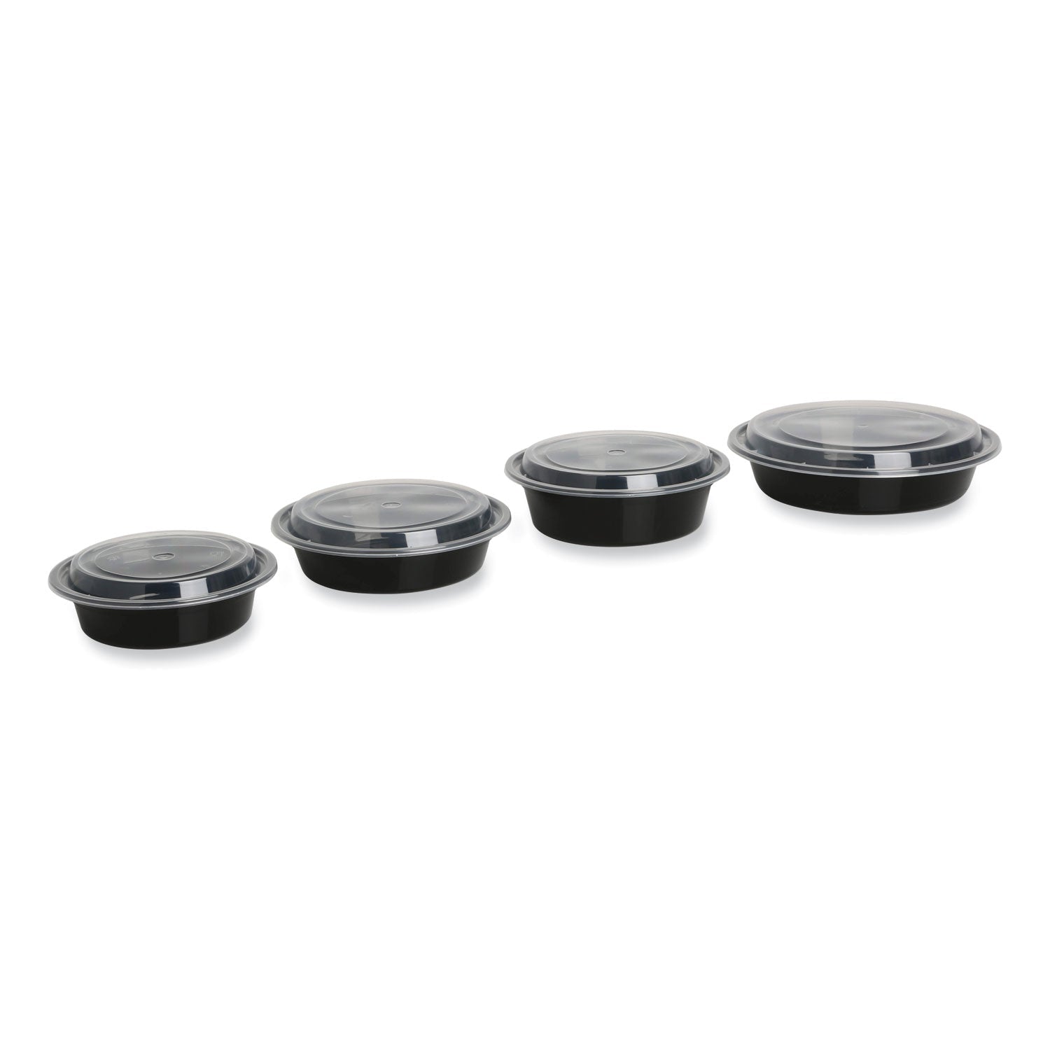GEN Microwavable Food Container with Lid, Round, 48 oz, 8.85 x 8.85 x 2.24, Black/Clear, Plastic, 150/Carton