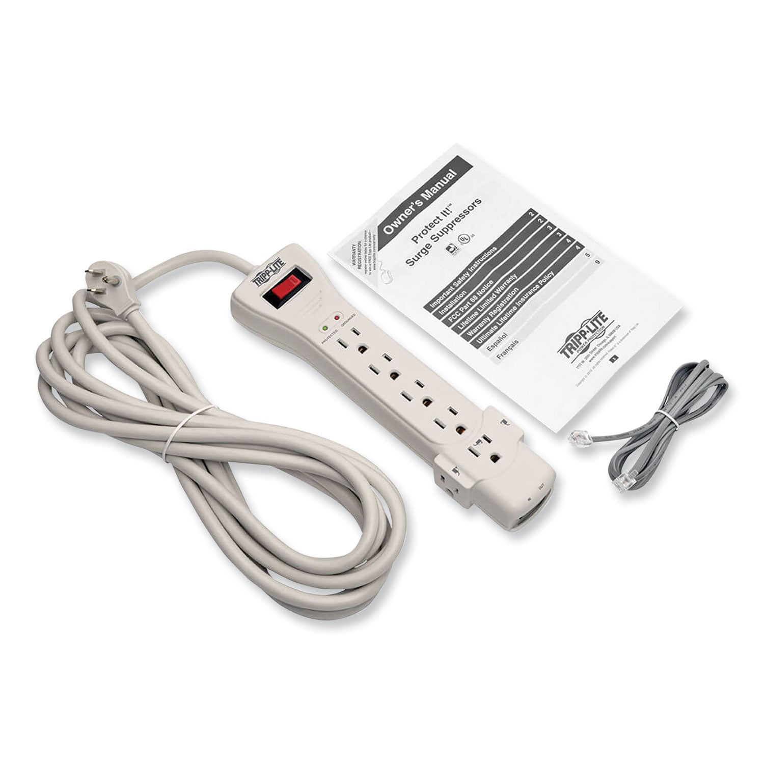 Tripp Lite by Eaton Protect It! Surge Protector, 7 AC Outlets, 15 ft Cord, 2,520 J, Light Gray