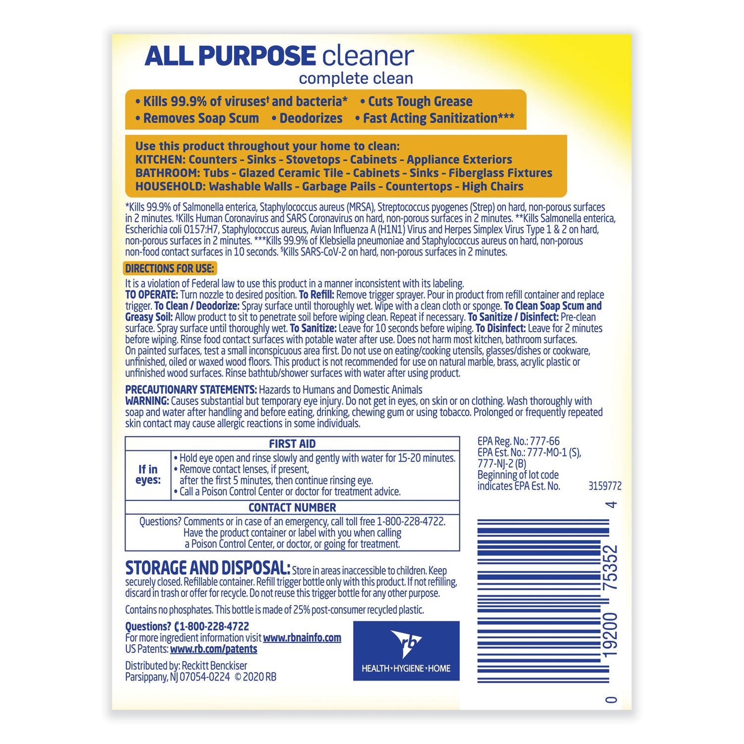 LYSOL® Brand Ready-To-Use All-Purpose Cleaner, Lemon Breeze, 32 Oz Spray Bottle, 12/carton