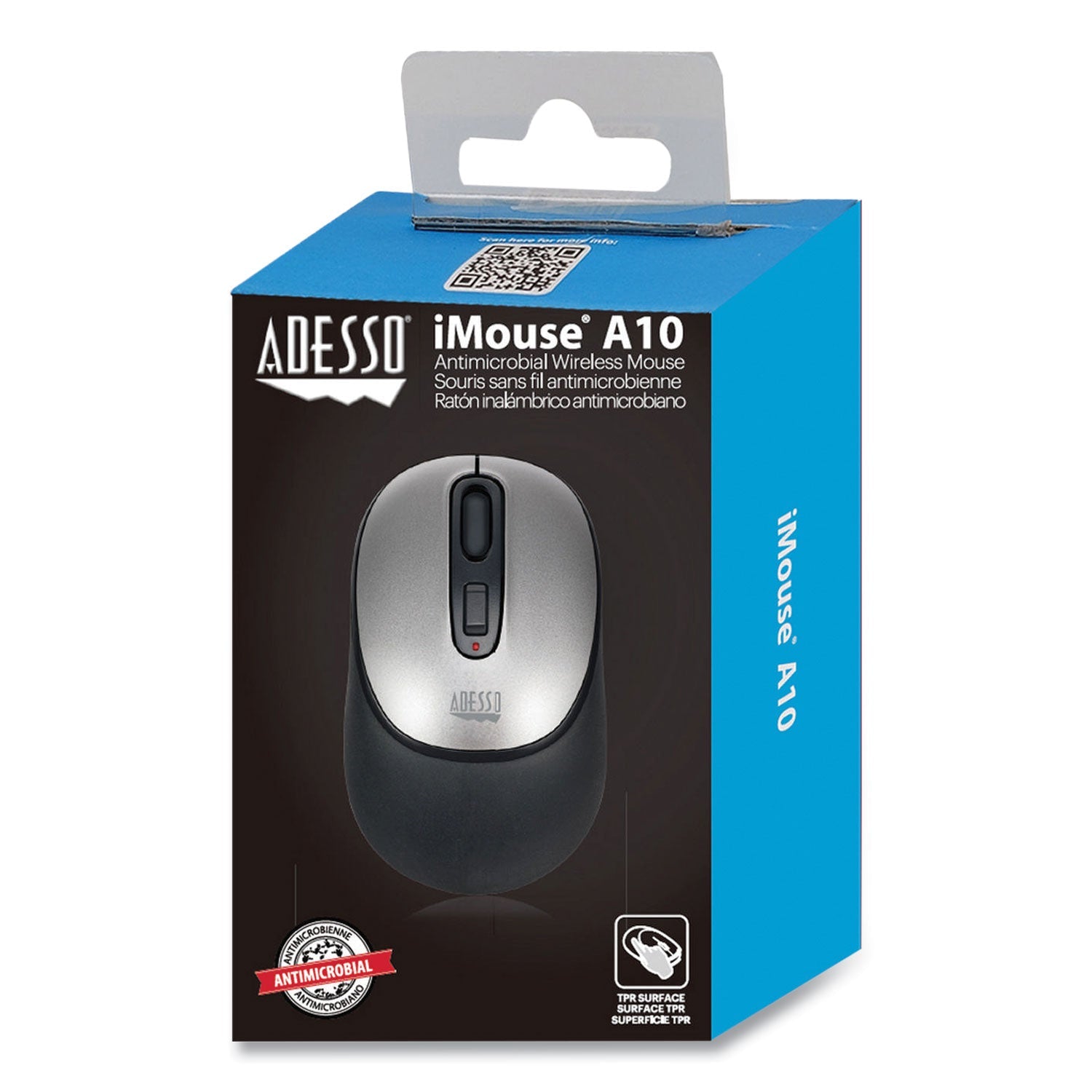 Adesso Imouse A10 Antimicrobial Wireless Mouse, 2.4 Ghz Frequency/30 Ft Wireless Range, Left/right Hand Use, Black/silver