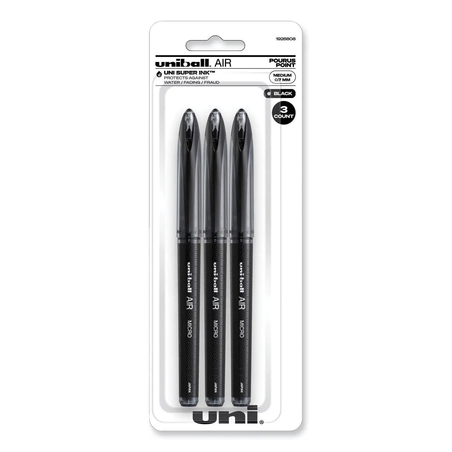 uniball® Air Porous Gel Pen, Stick, Medium 0.7 Mm, Black Ink, Black Barrel, 3/pack