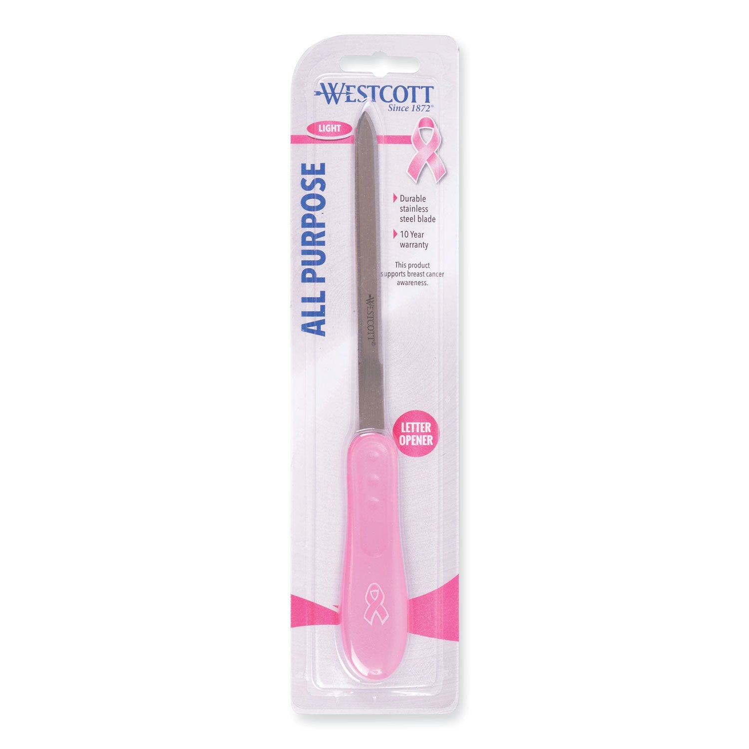 Westcott® Pink Ribbon Stainless Steel Letter Opener, Breast Cancer Awareness, 9", Pink