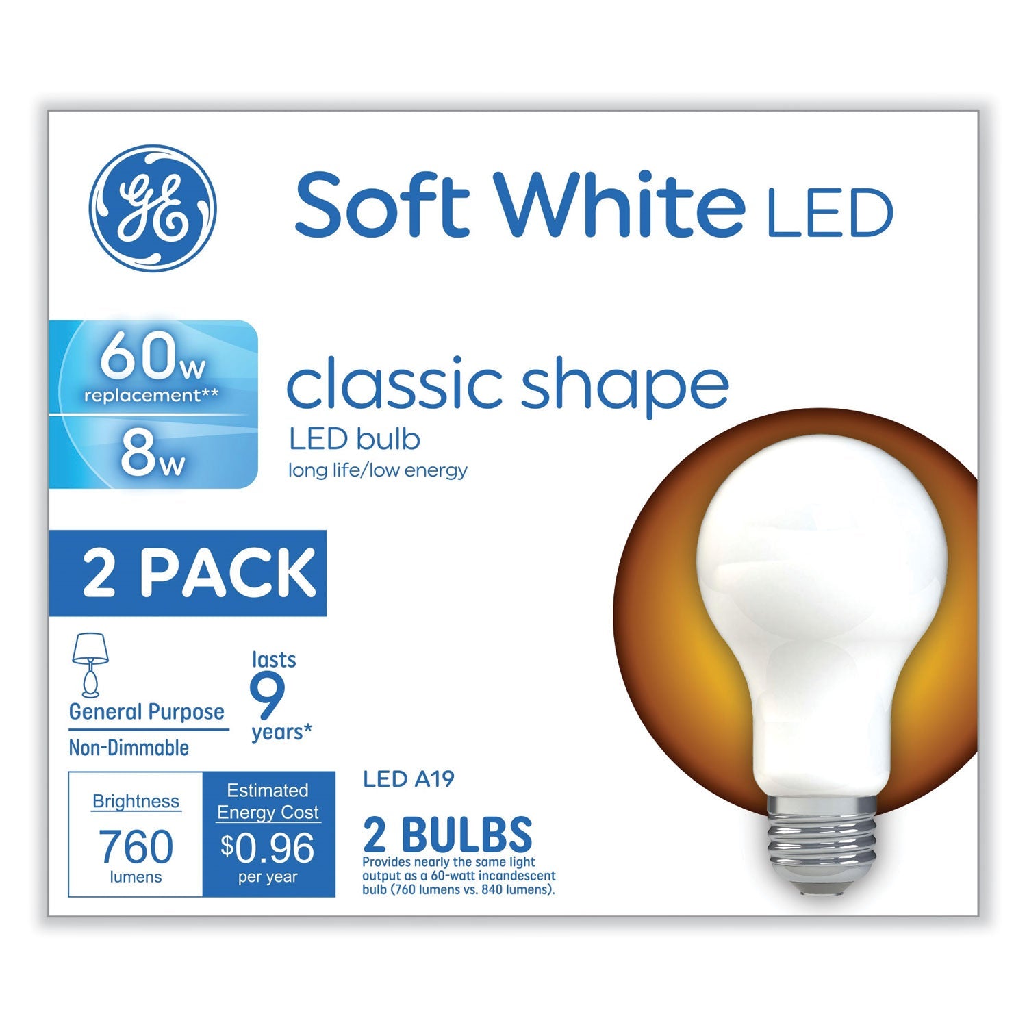 GE Classic LED A19 Light Bulb | Soft White 2-Pk