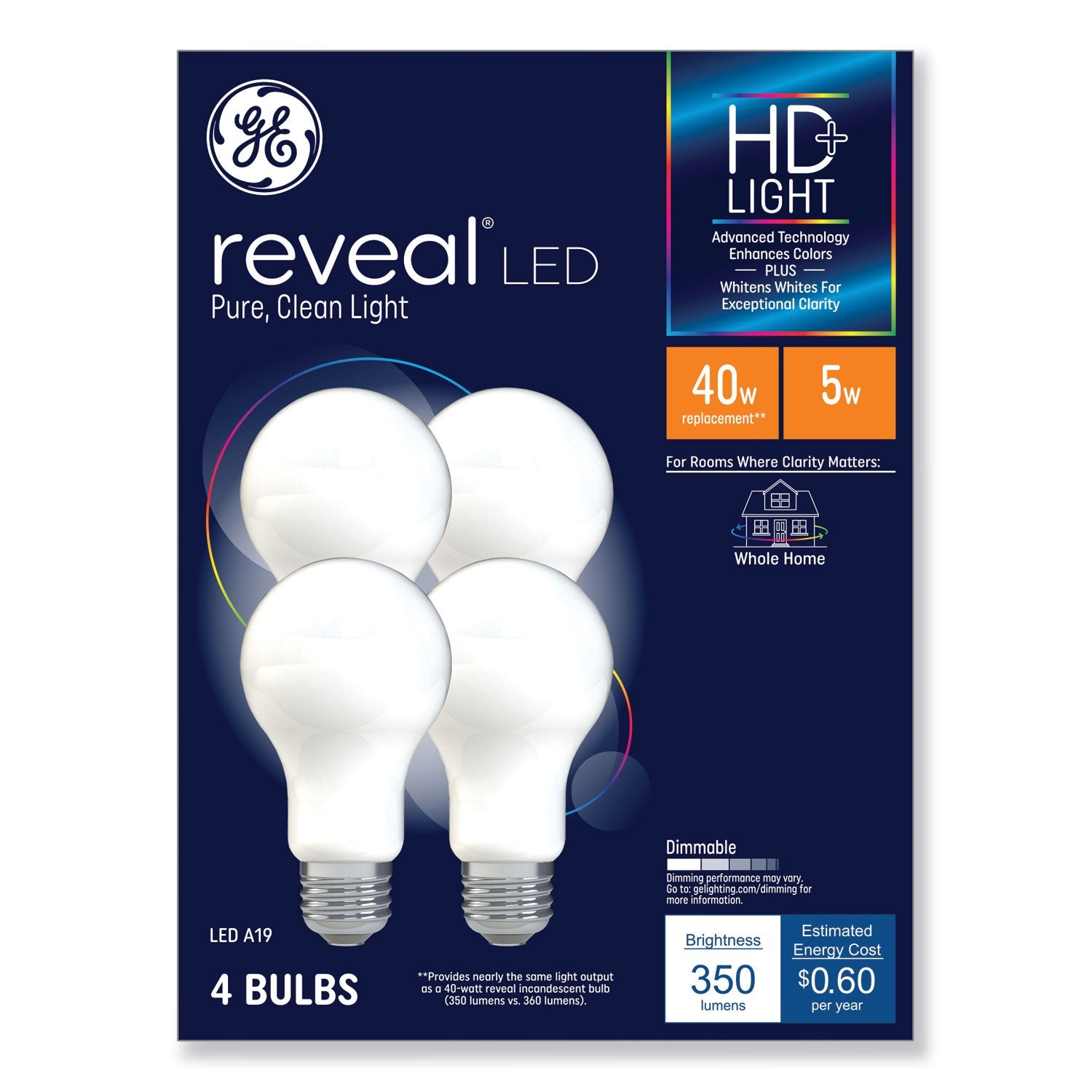 GE Reveal HD+ LED A19 Light Bulb | 5W | 4-Pack