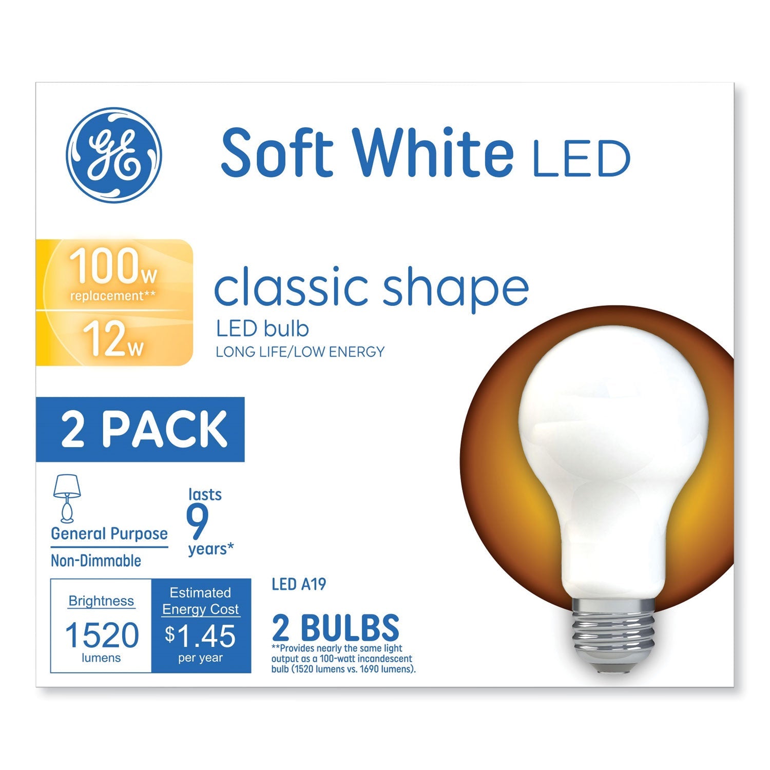 GE Classic LED A19 Light Bulb | Soft White 2-Pk
