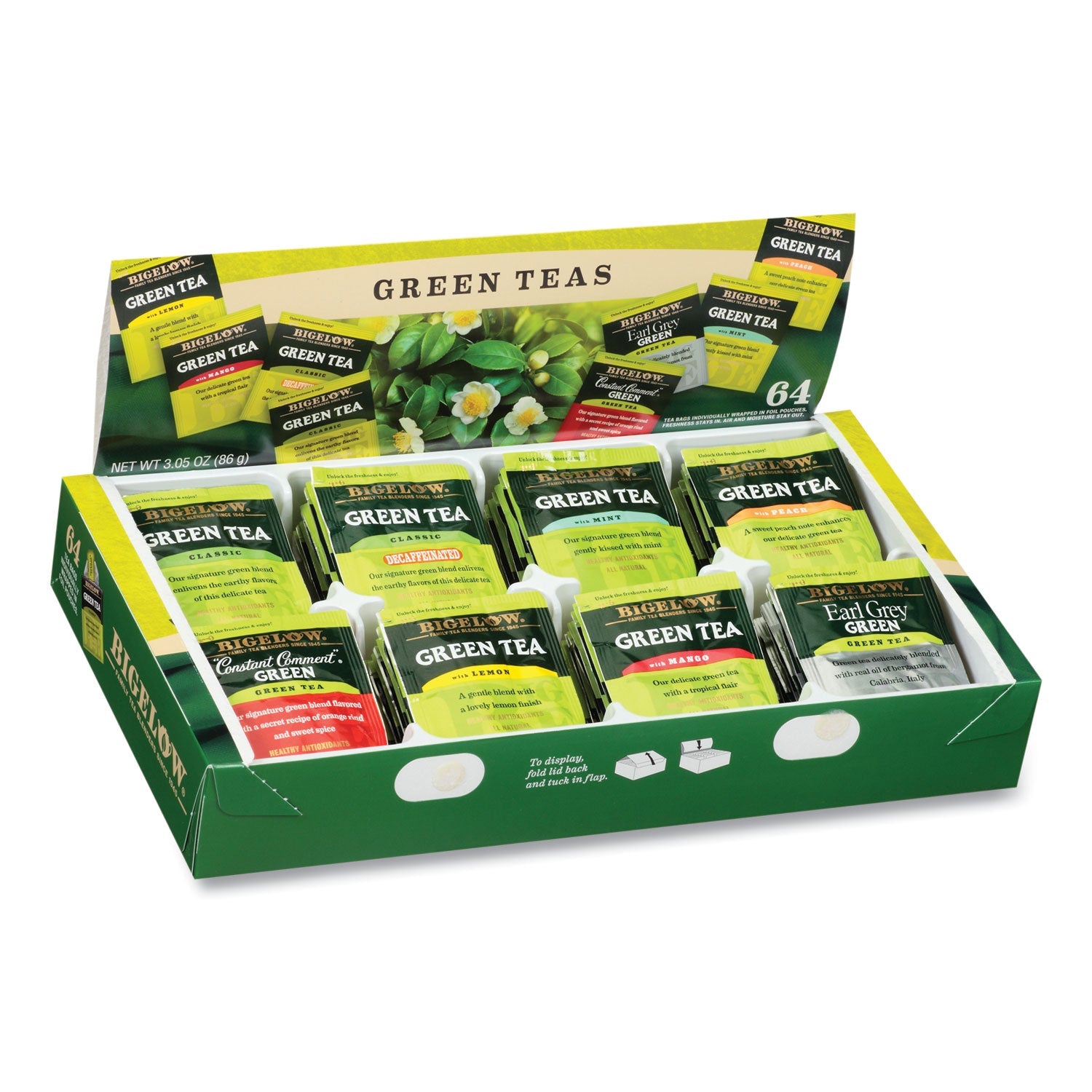 Bigelow® Green Tea Assortment, Individually Wrapped, Eight Flavors, 64 Tea Bags/box