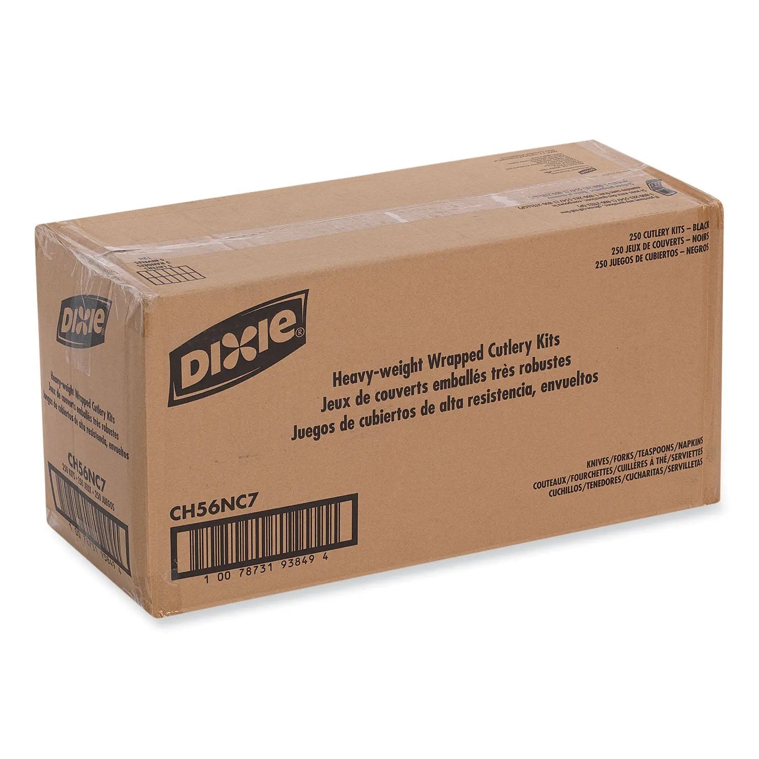Dixie® Individually Wrapped Heavyweight Cutlery Set, Fork/Knife/Napkin/Spoon, Plastic, Black, 250/Carton