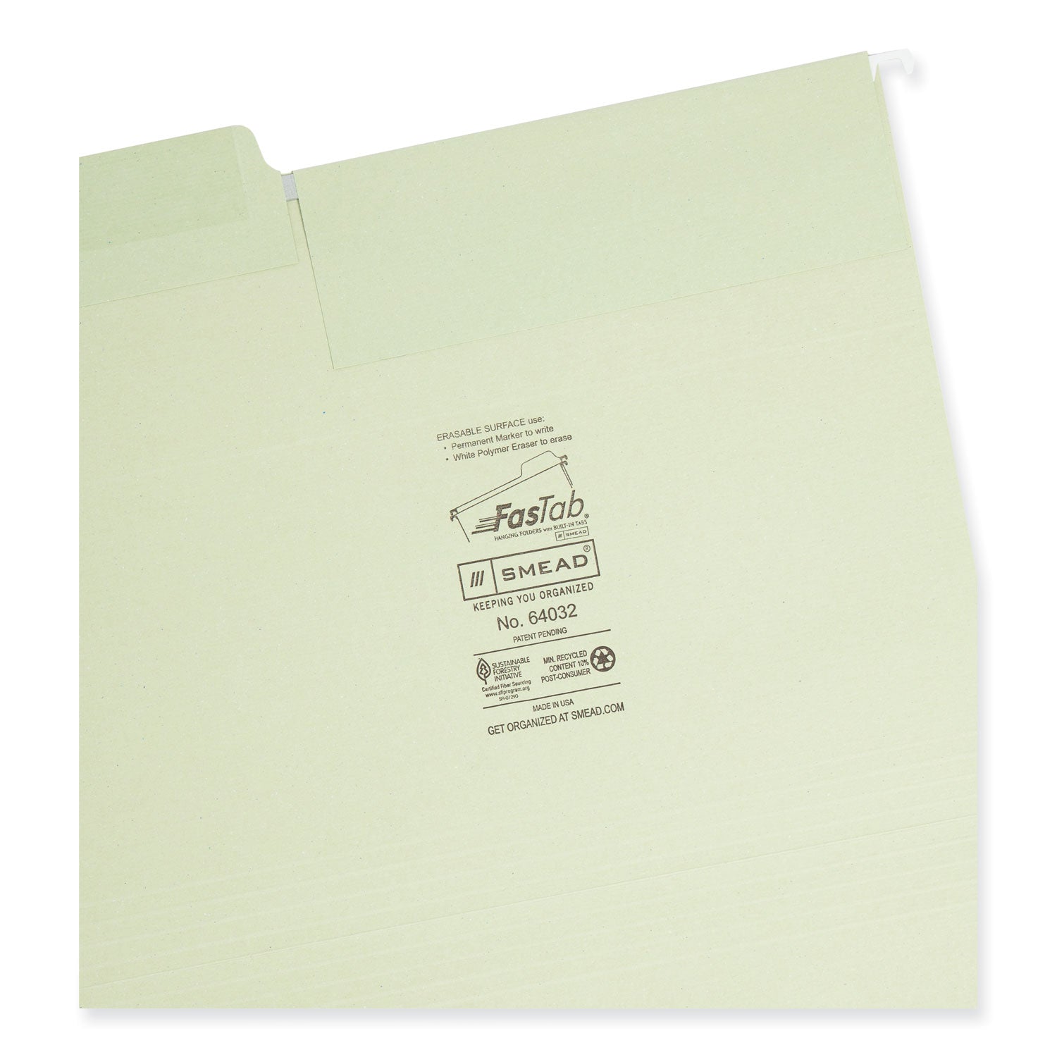 Smead Erasable FasTab Hanging Folders, Letter Size, 1/3-Cut Tabs, Moss, 20/Box