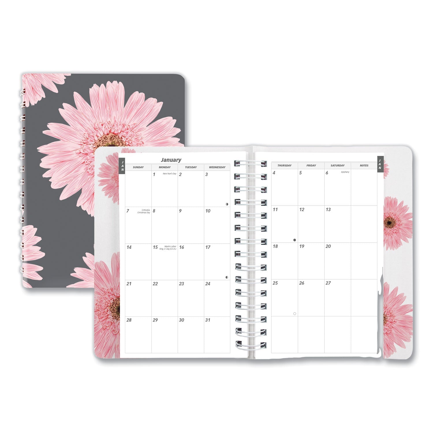 Brownline® Pink Ribbon Essential Daily Appt Book, Breast Cancer, Daisy Artwork, 8 x 5, Navy/Gray/Pink Cover, 12-Month (Jan to Dec): 2025 - Bloom Skins