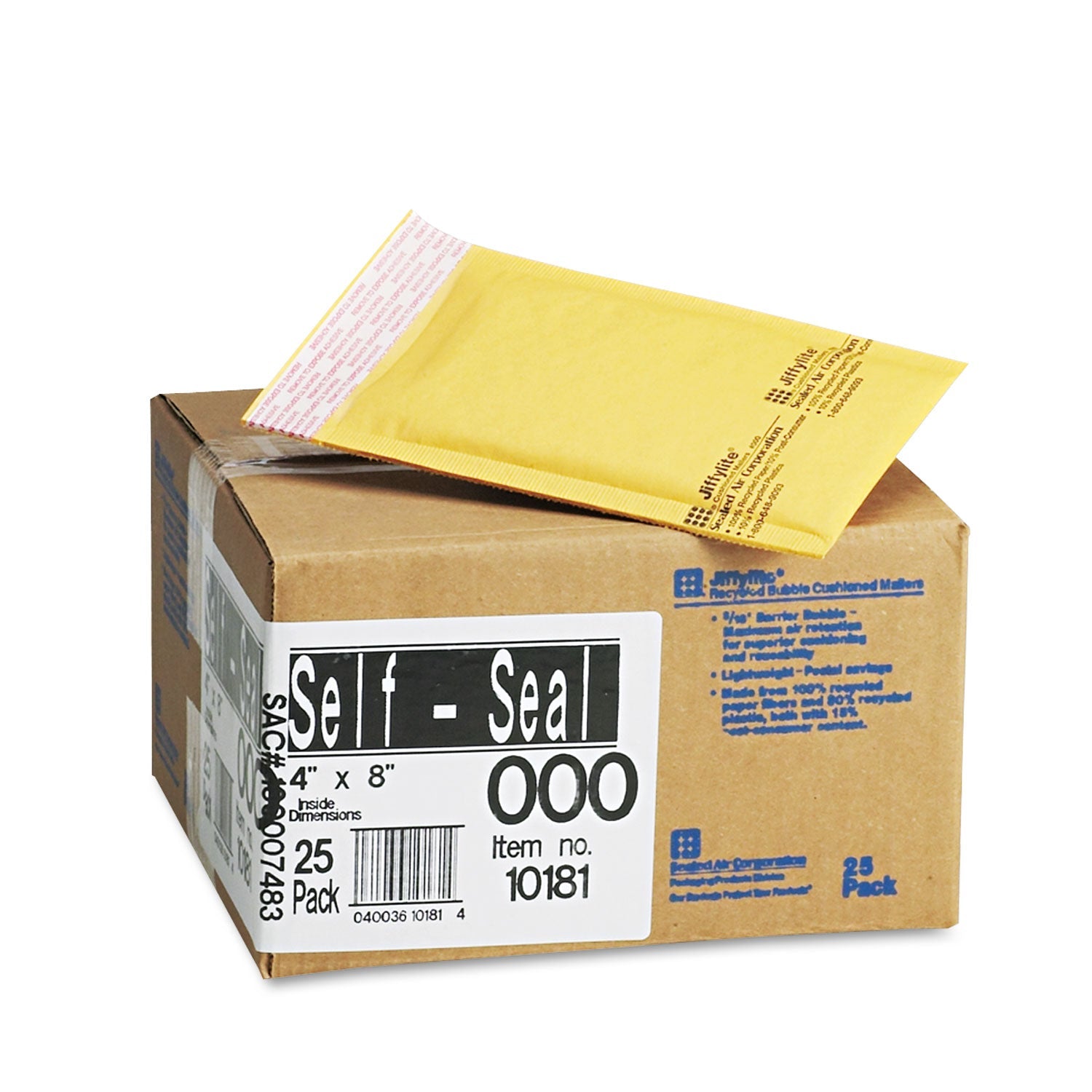 Sealed Air Jiffylite Self-Seal Bubble Mailer, #000, Barrier Bubble Air Cell Cushion, Self-Adhesive Closure, 4 x 8, Brown Kraft, 25/CT