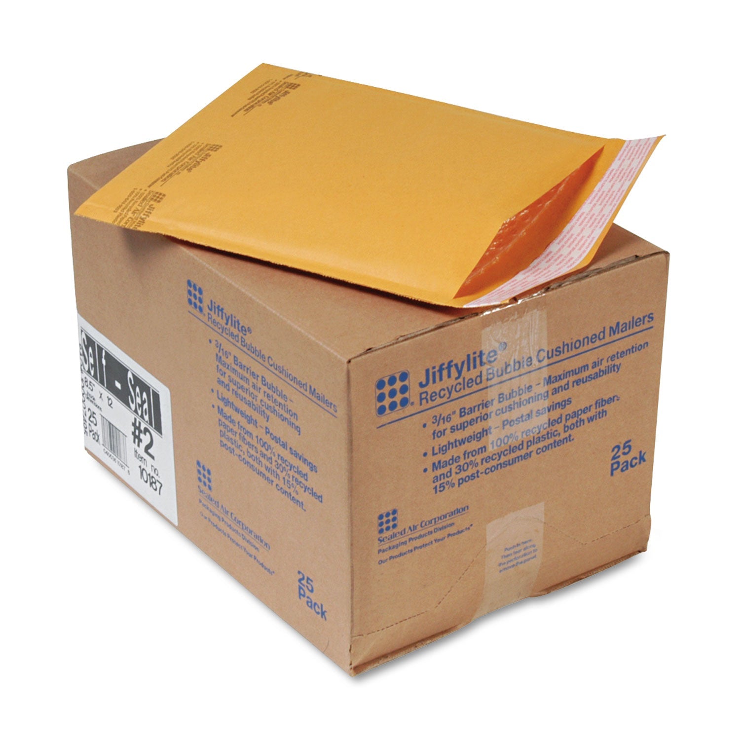 Sealed Air Jiffylite Self-Seal Bubble Mailer, #2, Barrier Bubble Air Cell Cushion, Self-Adhesive Closure, 8.5 x 12, Brown Kraft, 25/CT