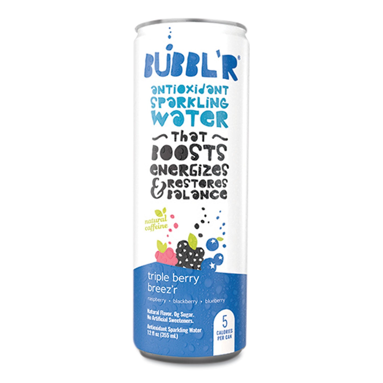 Bubbl'r Antioxidant Sparkling Water, Triple Berry Breez'r, 12 oz Can, 12 Cans/Carton