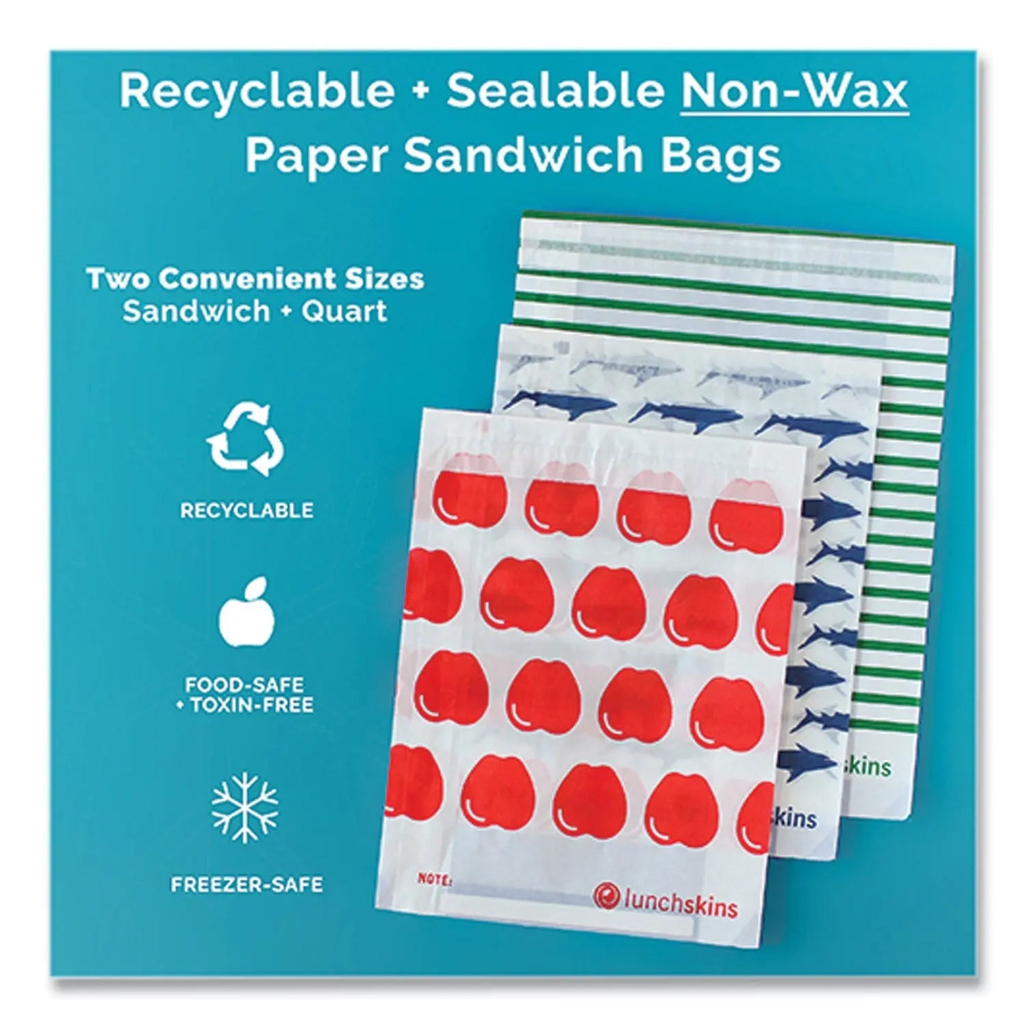 lunchskins Peel and Seal Sandwich Bag with Closure Strip, 6.3" x 2" x 7.9", Blue Sharks/White, 50/Box