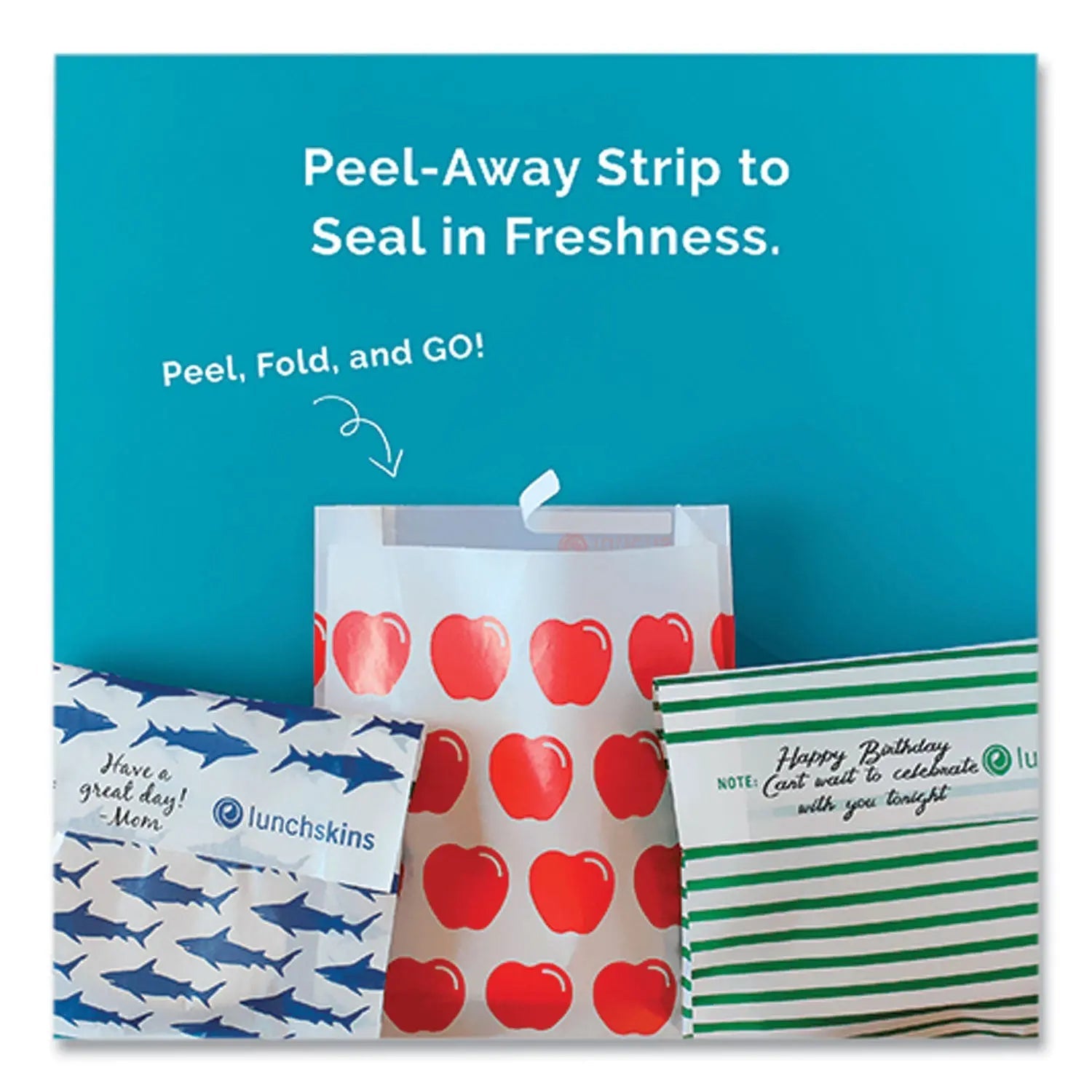 lunchskins Peel and Seal Sandwich Bag with Closure Strip, 6.3" x 2" x 7.9", Blue Sharks/White, 50/Box