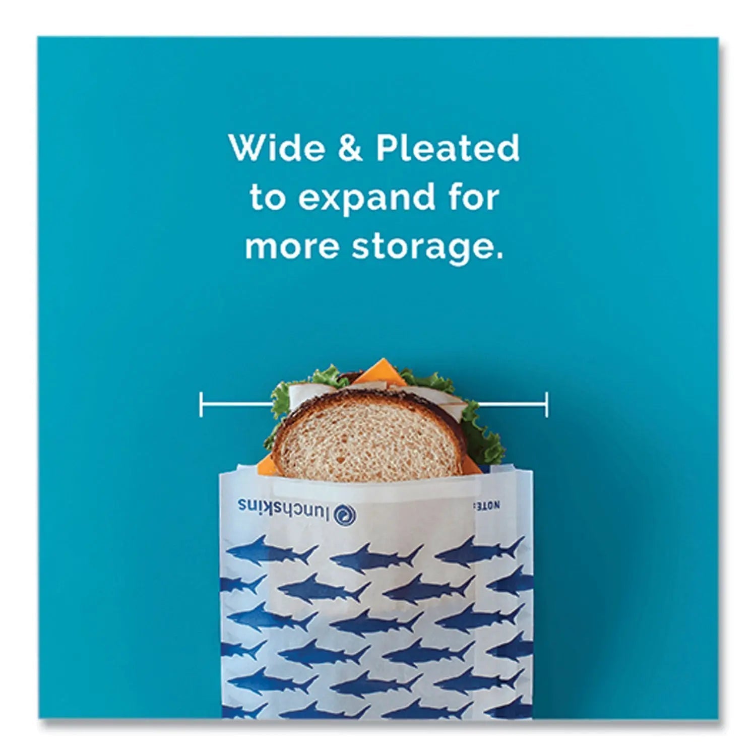 lunchskins Peel and Seal Sandwich Bag with Closure Strip, 6.3" x 2" x 7.9", Blue Sharks/White, 50/Box