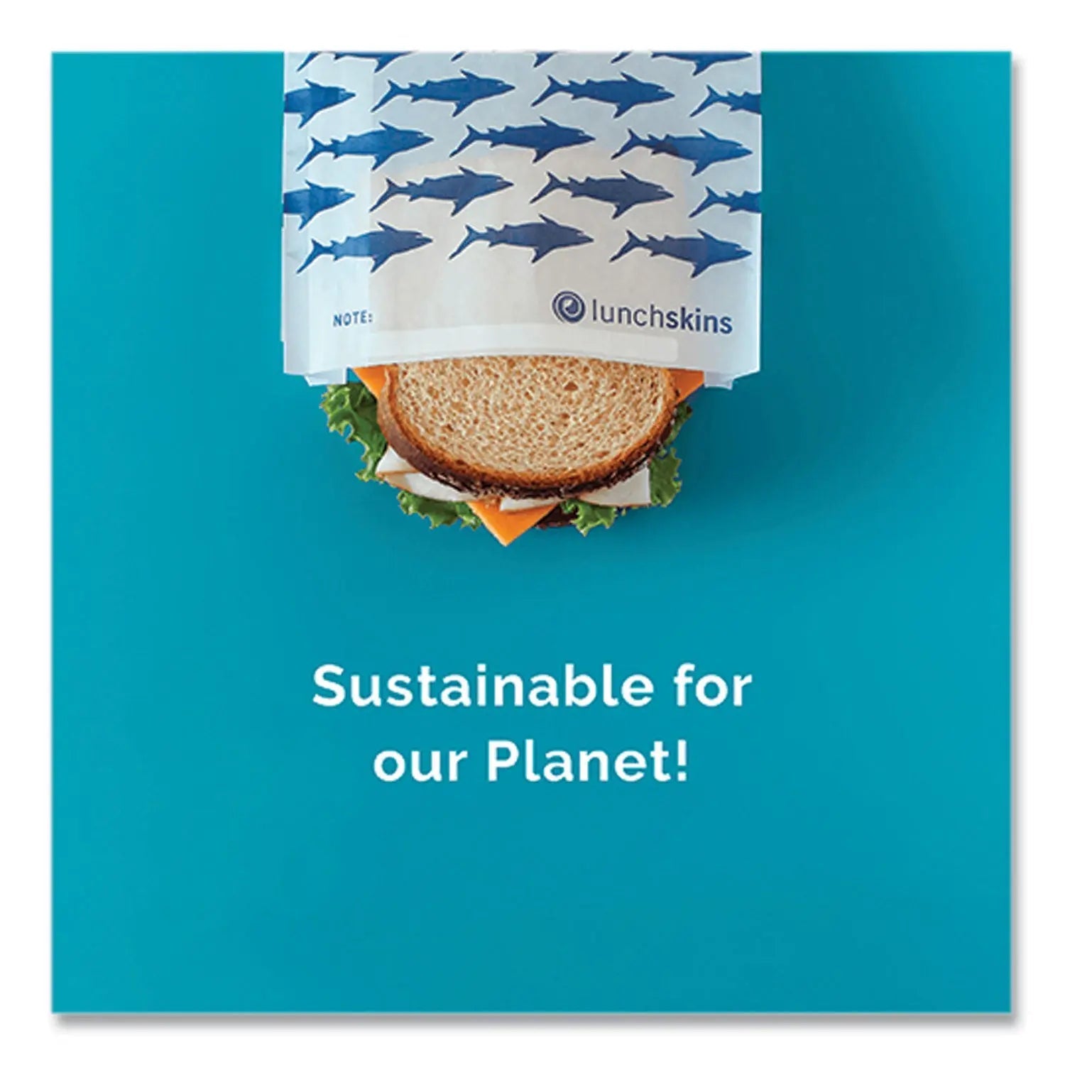 lunchskins Peel and Seal Sandwich Bag with Closure Strip, 6.3" x 2" x 7.9", Blue Sharks/White, 50/Box