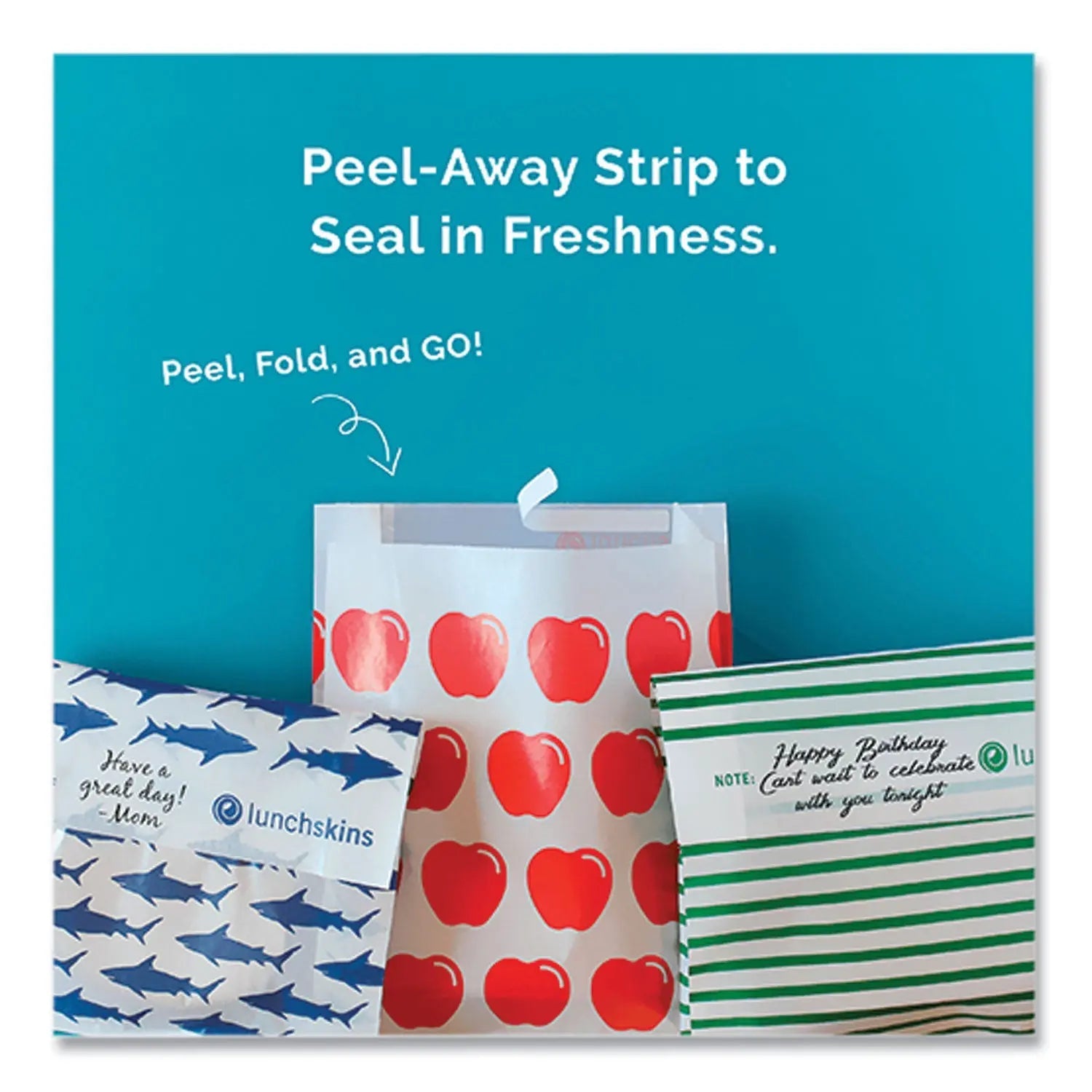 lunchskins Peel and Seal Sandwich Bag with Closure Strip, 6.3" x 2" x 7.9", Red Apples/White, 50/Box