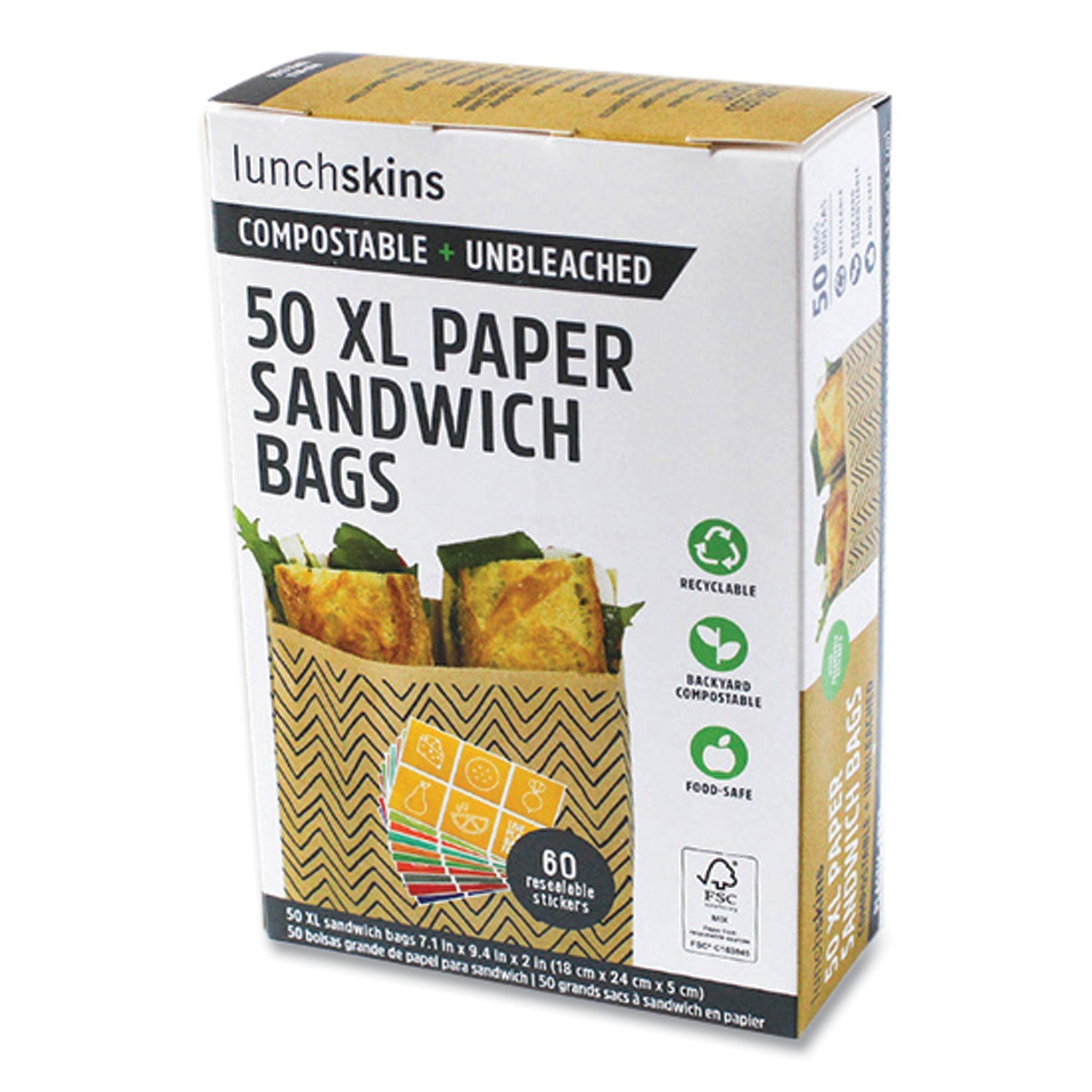 lunchskins XL Sandwich Bag with Resealable Stickers, 7.1" x 2" x 9.1", Black Stripes/Natural Kraft, 50/Box