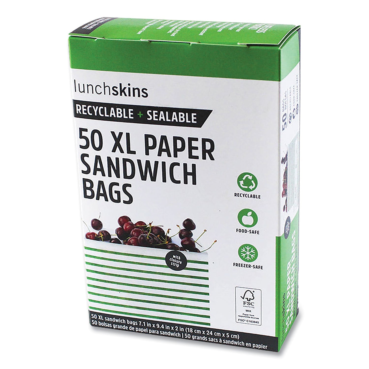 lunchskins Paper Sandwich Bag, XL Sandwich, 7.1" x 2" x 9.4", Green Stripes/White, 50/Box