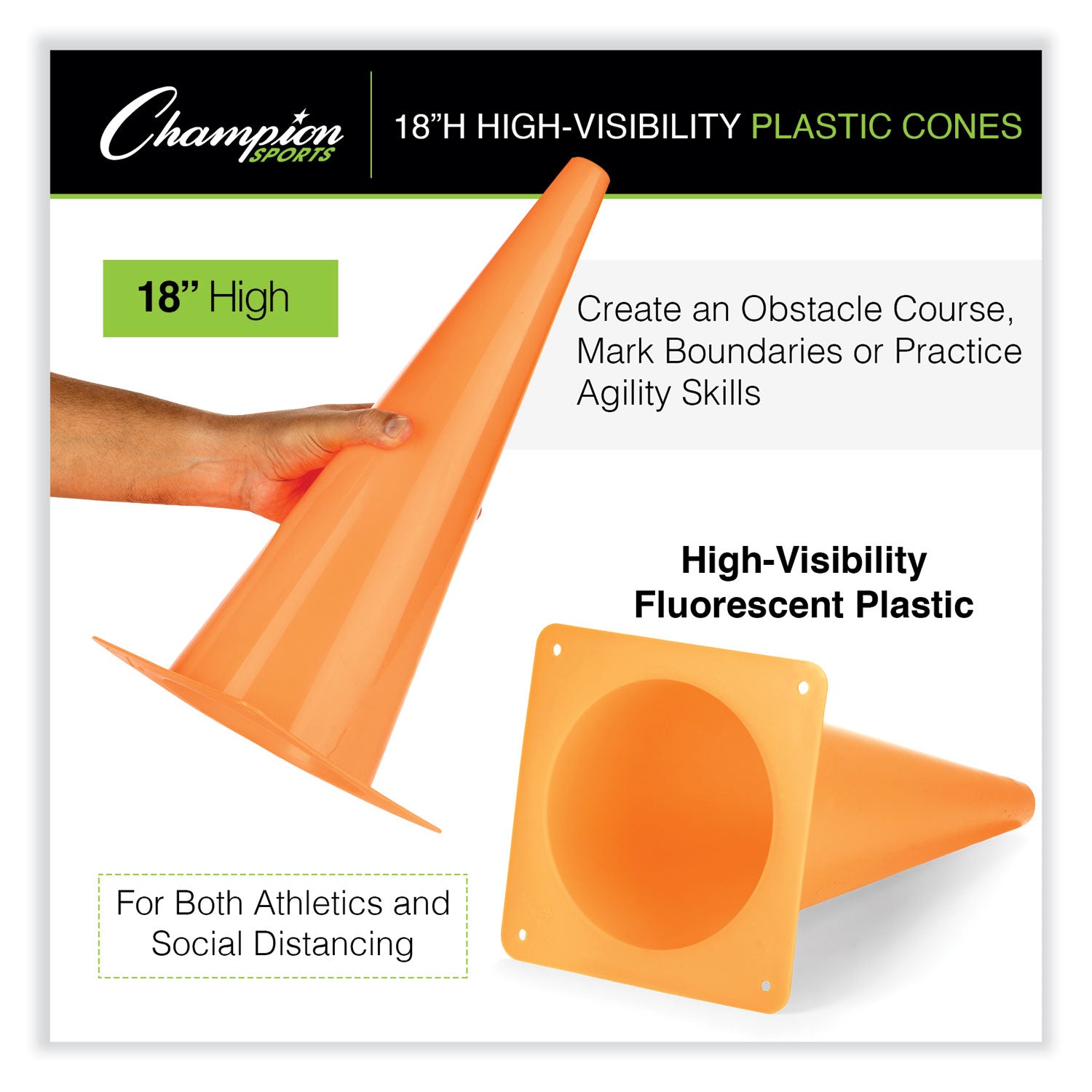 Champion Sports High-Visibility Plastic Cones, 18" Tall, Florescent Orange, 8" x 8" Base - Bloom Skins