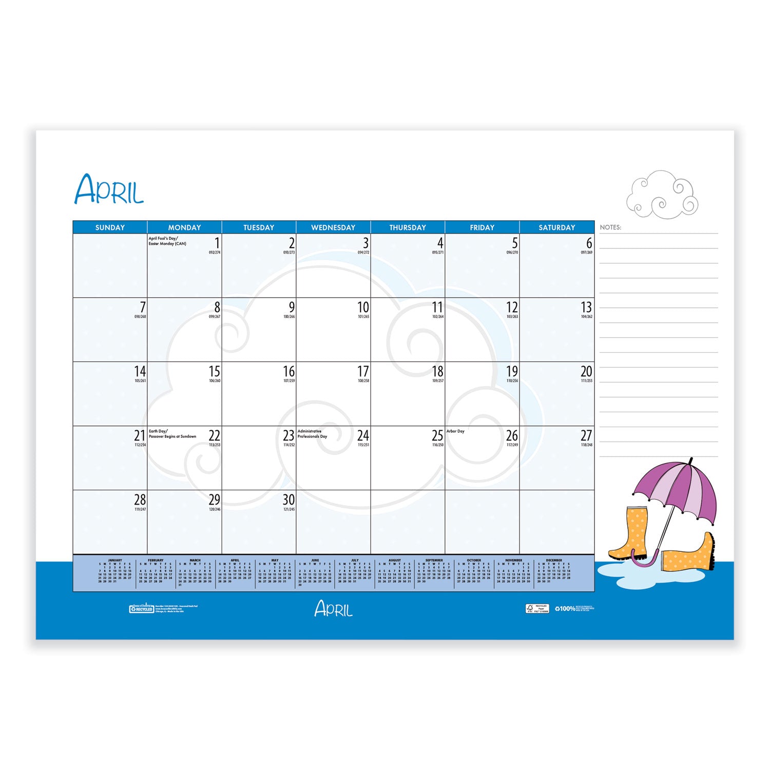 House of Doolittle™ Recycled Desk Pad Calendar, Illustrated Seasons Artwork, 22 x 17, Black Binding/Corners,12-Month (Jan to Dec): 2025