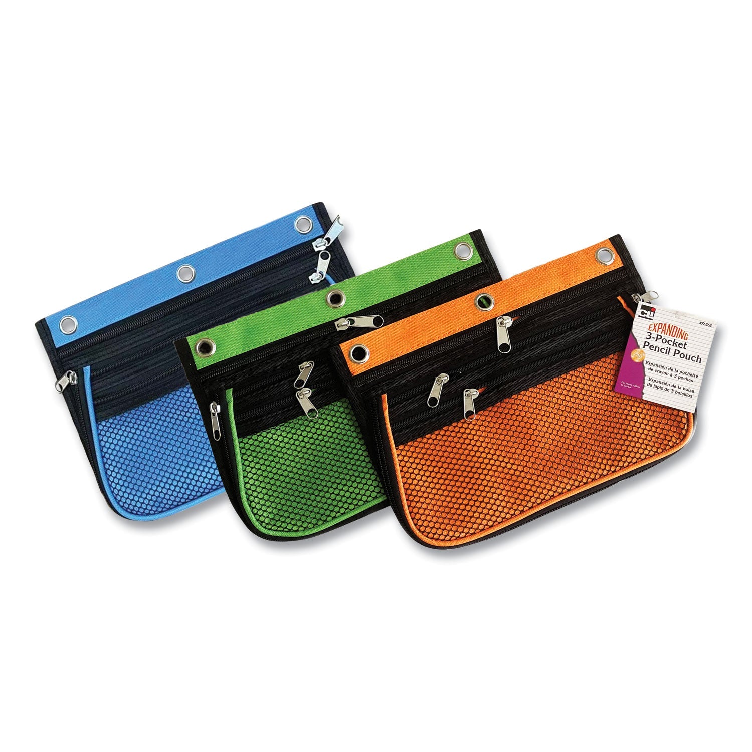 Charles Leonard® Three-Pocket Binder-Insertable Expandable Pencil Pouch, 3 Compartments, 3-Hole Punched, 10.25" x 7.5", Assorted, 3/Pack